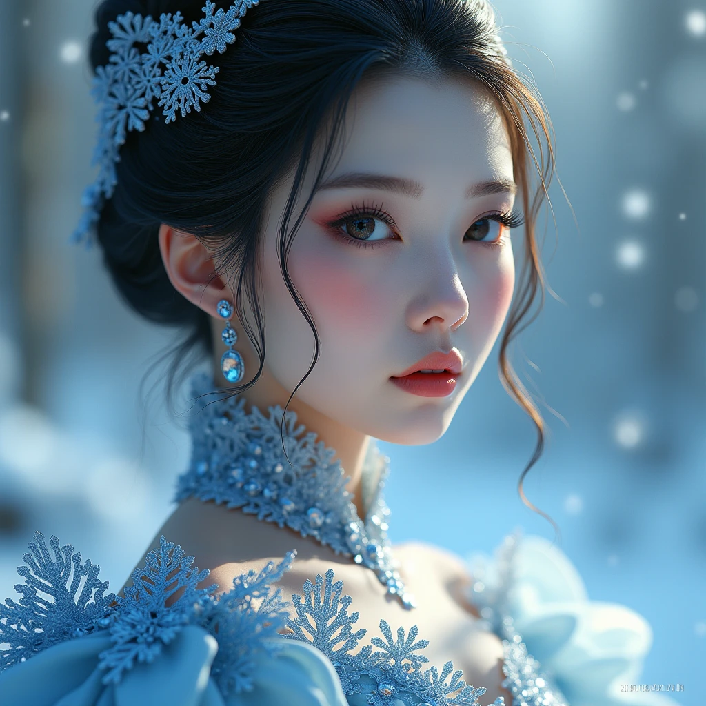 (ice - carving:1.4),Movie Angle,(Cute ice sculpture girl,Anatomically correct,full bodyesbian,Masterpiece ice sculpture camellia,Representative work Hanfu,Smile)