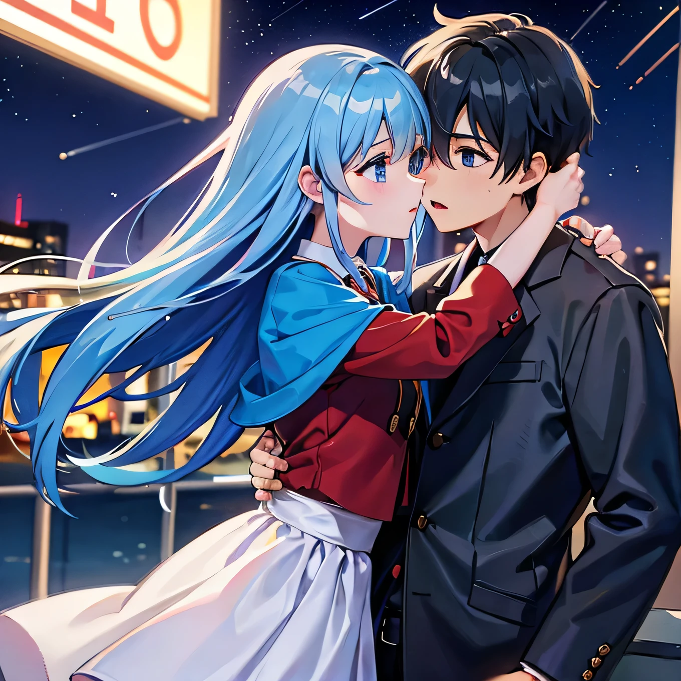 A girl with blue eyes and light blue hair, red blouse and white skirt affectionately kissing a boy with short black hair on the lips, ojos marrones, lentes, red jacket with a night city behind them and shooting stars in the sky