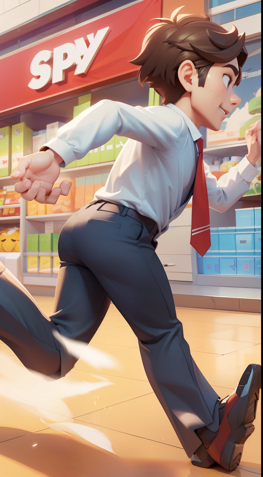 Outside the supermarket，A brown hair，Handsome boy，身穿White shirt，Suit pants，Running with legs raised，， White shirt、Handsome young man in formal wear with tie facing away from camera，Running on，The red carpet under my feet，Running on 背视图，3d anime style，Bright colors，Rich body movements，C4D modeling,3D diorama,  。This is a 3D cartoon game character rendered in Unreal Engine 5 style，Simple background，This image was created using Unreal Engine 5，For high-resolution full-body photography and 3D rendering，With excellent details。Pixar style cartoon characters。 
