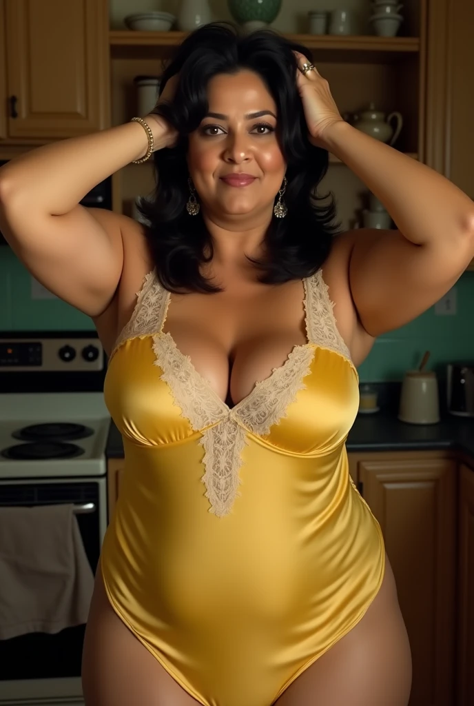 Milf, Dark hair, 50 years old, Curvy body, 300 pounds standing in a kitchen wearing a white silk robe, (large breasts: 1.2), black hair, long wavy hair, (tan skin: 1.4), seductive, moaning, sexy, aroused, MILF, hair up in a bun, (futanari), (Erect penis)