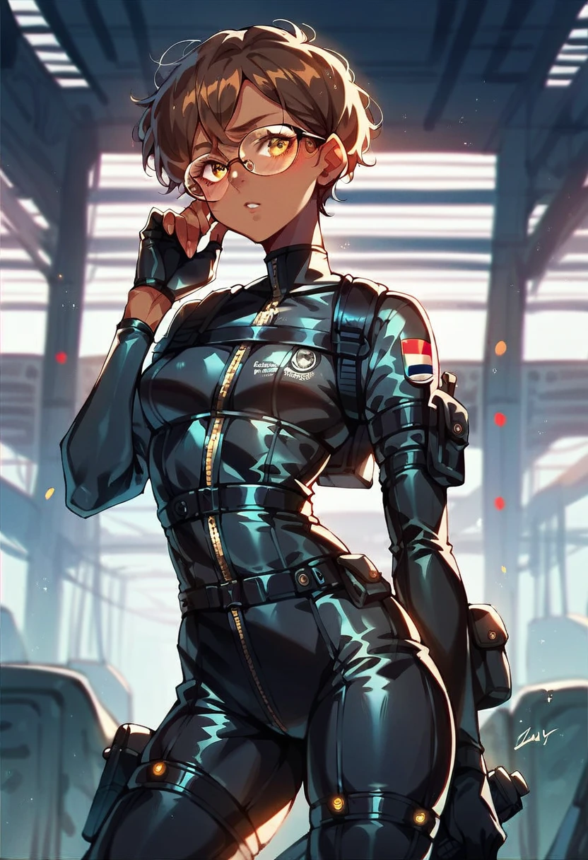 beautiful shy anime pilot woman, tanned skin, short brown hair, aviator glasses, yellow eyes, black tactical leather flightsuit, straps, waist up, small breasts, lean body, hangar background, LowKeyLights