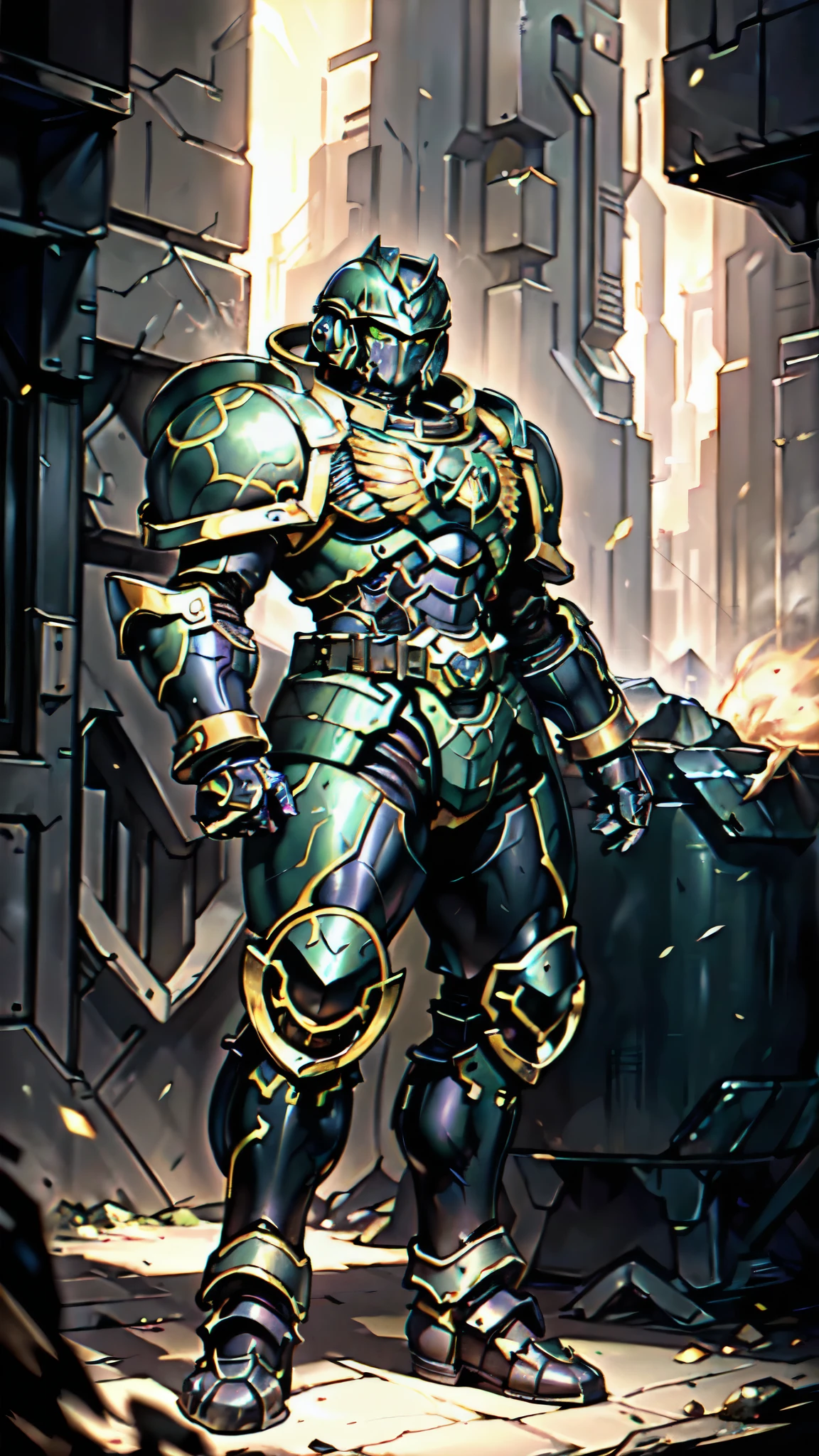 (masterpiece:1.5, best quality:1.5, extremely delicate:1.5), ((male:1.5)), a man wearing a full-face helmet, a biotech armored combat suit, green eyes, (a composite layered chest armor), fully enclosed shoulder guards, matching arm and leg guards, a belt of gemstone, (the color scheme is primarily black with green and red accents), the design balances heavy with agility, a high-tech bio-mecha armor, (Armor Concept Inspired by Space Marines, stand of a futuristic sci-fi city), this character embodies a finely crafted fantasy-style armored hero in anime style, exquisite and mature manga art style, (element, plasma, energy, the armor glows), metallic, high definition, highres, ultra-detailed, ultra-fine painting, professional, perfect body proportions, golden ratio, anatomically correct, symmetrical face, extremely detailed eyes and face, high quality eyes, creativity, RAW photo, UHD, 32k, Natural light, cinematic lighting, masterpiece-anatomy-perfect