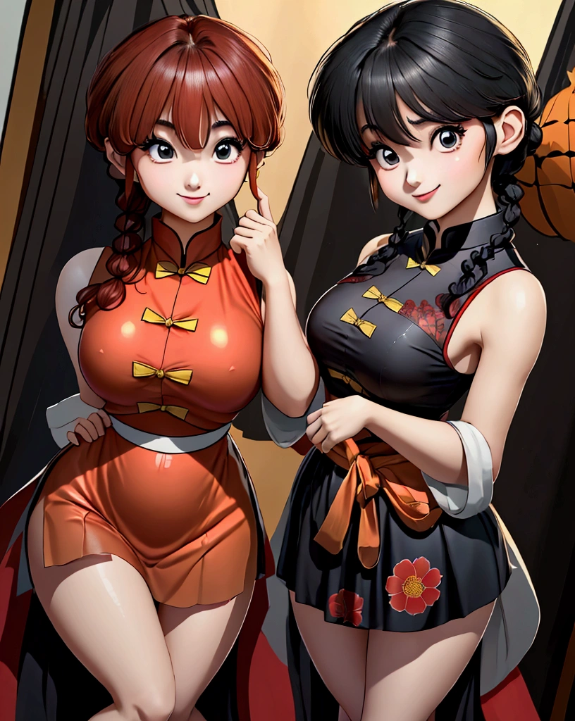 Create Female Ranma(2)(2 people have the same proportion)(actual上下身衣服是:3.7 scale),Color full-body photo,(Female Ranma Avatar)，happy smile,face the camera，One foot is slightly bent and pressed against，The calf of the other leg is slightly raised to make a small triangle., childish face, Black short hair ponytail，bumpy bangs，big eyes，Plump upper circumference,2 people standing with arms bent，face the front：
(1st)Wearing a Chinese-style fitted red glossy cheongsam(One-piece cheongsam)(Dark Print)。
(第2)(Wear Chinese-style Hanfu:Horse-faced long skirt)，top: fitted sleeveless shirt,Bottom emerald green chiffon high-waisted loose and elegant nine-point pleated long skirt(actual:1.2)(Floral)。