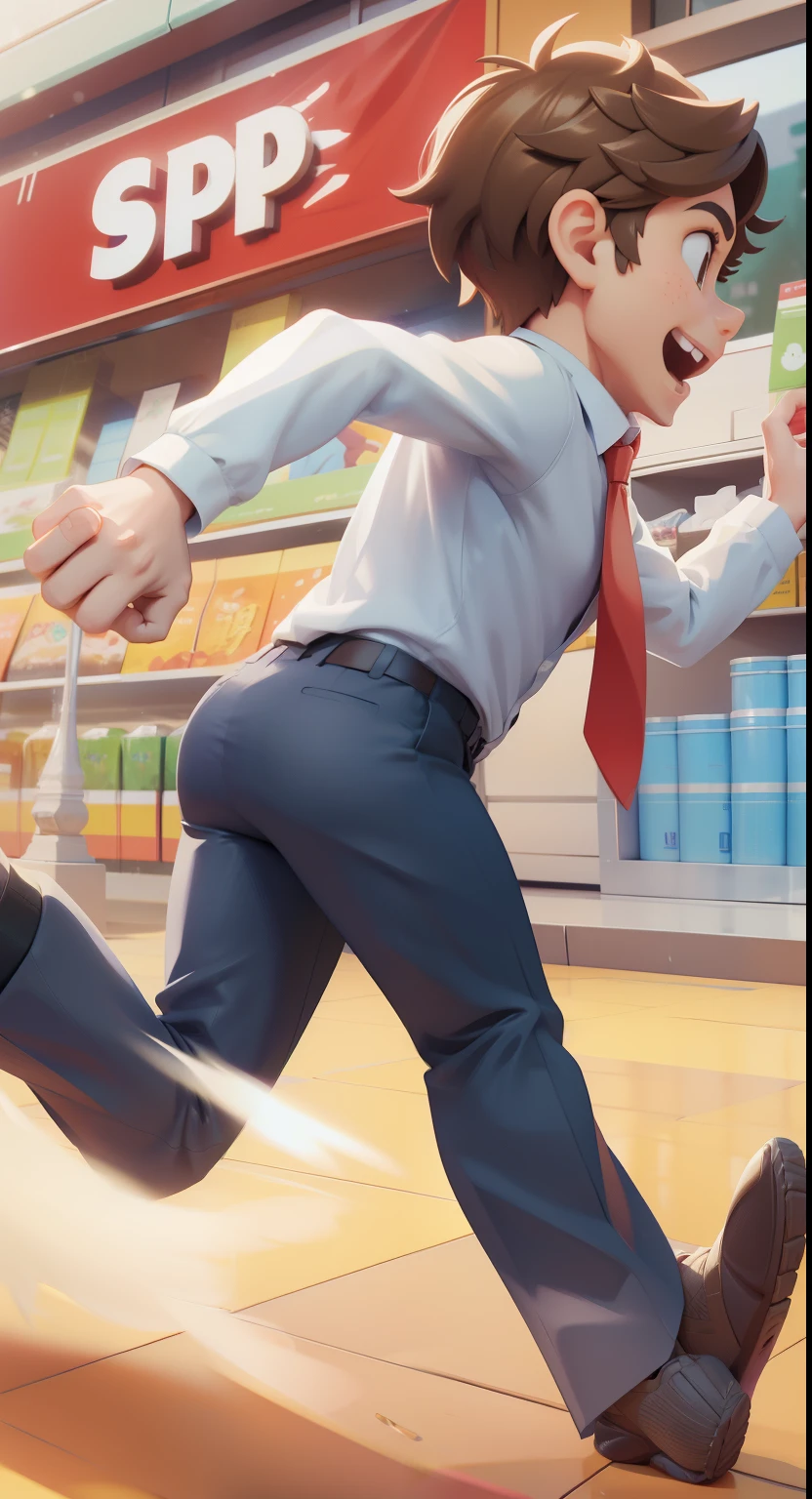 Outside the supermarket,A brown hair,Handsome boy,Open your mouth and shout,Happy handsome face,身穿White shirt,Suit pants,Running with legs raised,, White shirt、Handsome young man in formal wear with tie facing away from camera,Running on,The red carpet under my feet,Running on 背视图,3d anime style,Bright colors,Rich body movements,C4D modeling,3D diorama, 。This is a 3D cartoon game character rendered in Unreal Engine 5 style,Simple background,This image was created using Unreal Engine 5,For high-resolution full-body photography and 3D rendering,With excellent details。Pixar style cartoon characters。