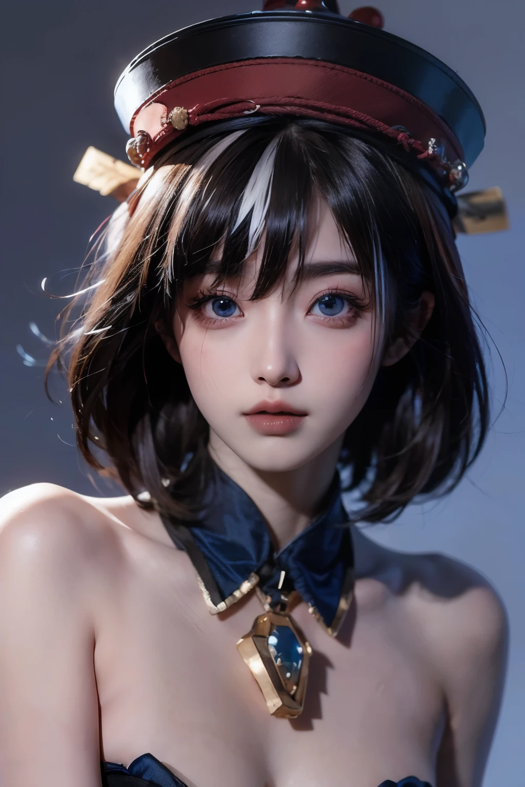 (qing guanmao:1.3),Hat,(red gemstone:1.2),white background,simple background,(gem:1.2),hwah jah,(streaked hair:1.4),floating paper,zombie fairy,(multicolored hair:1.3),(blue eyes:1.2),bare shoulders,, best quality , masterpiece, illustration, an extremely delicate and beautiful, extremely detailed ,CG,unity,8k wallpaper, Amazing, finely detail, masterpiece, best quality,official art,extremely detailed CG unity 8k wallpaper,absurdres, incredibly absurdres, huge filesize , ultra-detailed, highres, extremely detailed,beautiful detailed girl, extremely detailed eyes and face, beautiful detailed eyes,light on face,