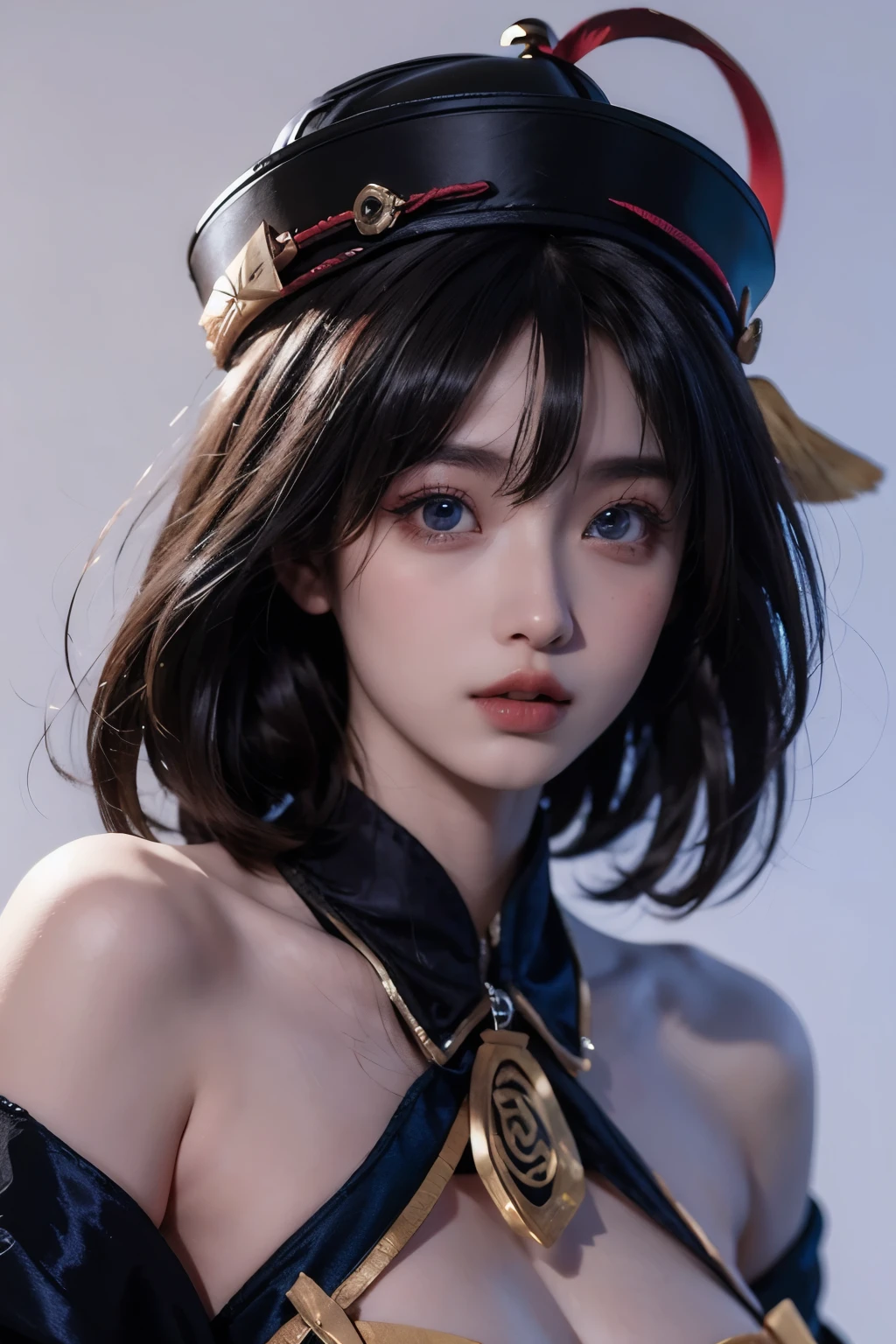 (qing guanmao:1.3),Hat,(red gemstone:1.2),white background,simple background,(gem:1.2),hwah jah,(streaked hair:1.4),floating paper,zombie fairy,(multicolored hair:1.3),(blue eyes:1.2),bare shoulders,, best quality , masterpiece, illustration, an extremely delicate and beautiful, extremely detailed ,CG,unity,8k wallpaper, Amazing, finely detail, masterpiece, best quality,official art,extremely detailed CG unity 8k wallpaper,absurdres, incredibly absurdres, huge filesize , ultra-detailed, highres, extremely detailed,beautiful detailed girl, extremely detailed eyes and face, beautiful detailed eyes,light on face,