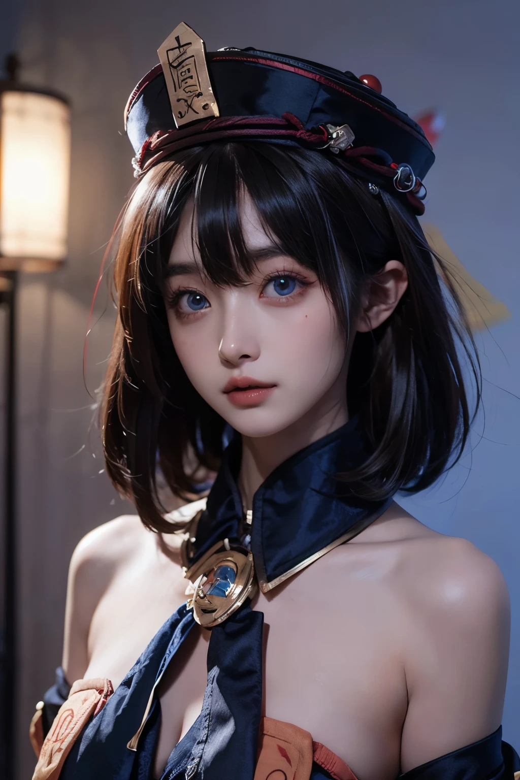 (qing guanmao:1.3),Hat,(red gemstone:1.2),white background,simple background,(gem:1.2),hwah jah,(streaked hair:1.4),floating paper,zombie fairy,(multicolored hair:1.3),(blue eyes:1.2),bare shoulders,, best quality , masterpiece, illustration, an extremely delicate and beautiful, extremely detailed ,CG,unity,8k wallpaper, Amazing, finely detail, masterpiece, best quality,official art,extremely detailed CG unity 8k wallpaper,absurdres, incredibly absurdres, huge filesize , ultra-detailed, highres, extremely detailed,beautiful detailed girl, extremely detailed eyes and face, beautiful detailed eyes,light on face,