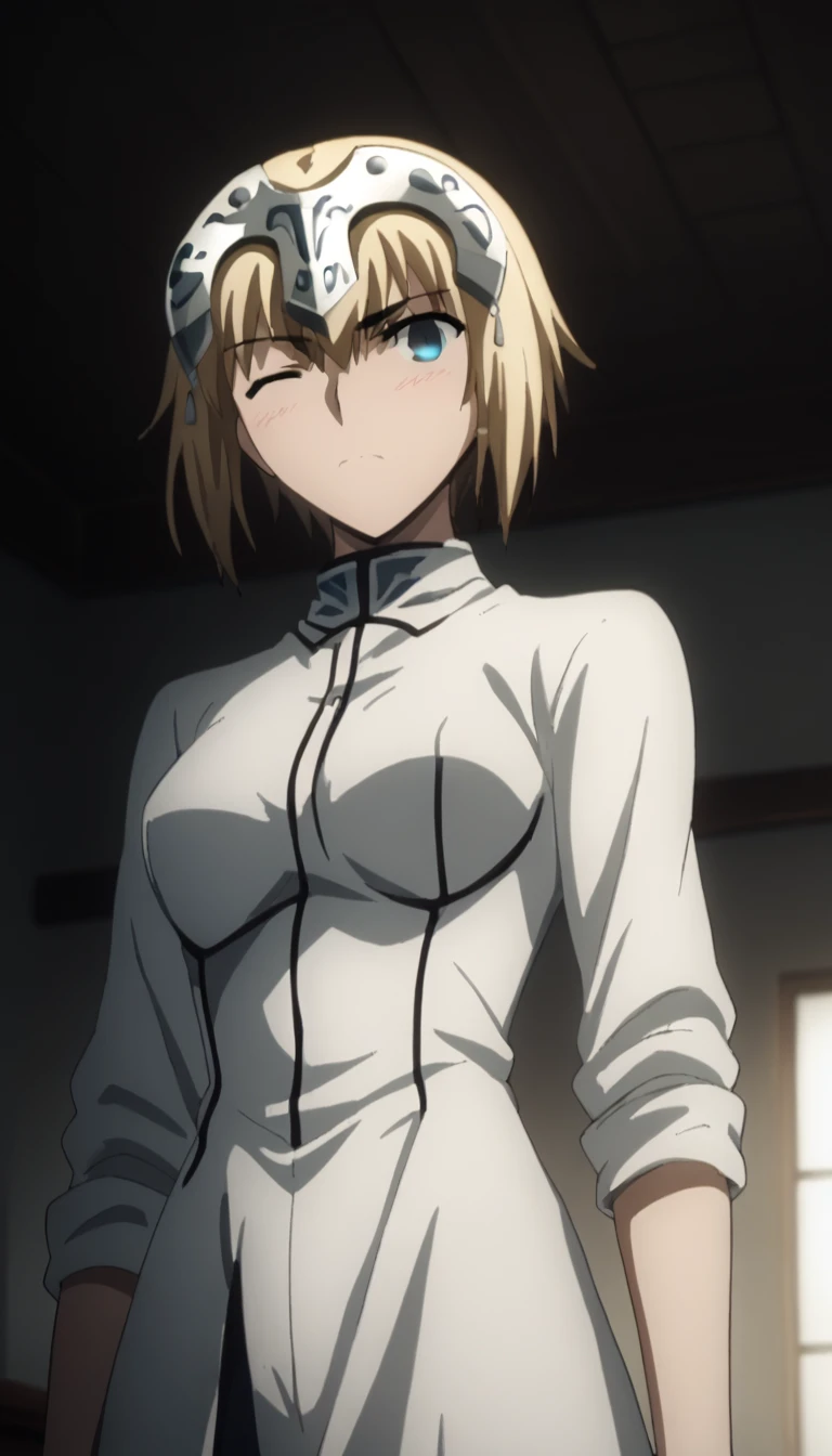 sauce_anime, ambient light,
fsn_ubw_style, Jean D. Arc,  1girl ,tall girl, straight hair ,,((detailed headpiece)) ,short cut hair, blond hair, deep blue eyes, ( wince  ), hair between eyes, perfect eyes , Perfect face, expressive eyes, close up face:0.2 ,  
nsfw, ((white dress shirt)),,  white panties, black skirt, (slender body), slim body,
indoors, bed, realistic bed room, ( lie on bed ), ,
cowboy shot, looking at viewer, solo, dutch angle, blush, erectile nipples, cameltoe ,medium breast, 