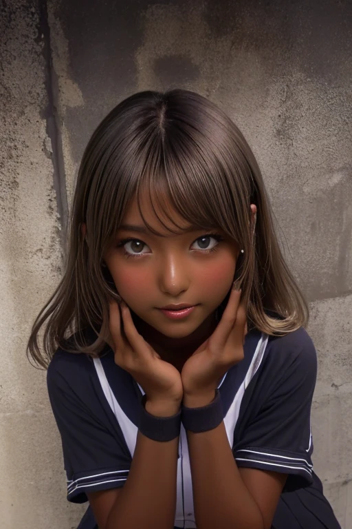 (((( one girl )))), Put your hand over your mouth、Beautiful breasts、 Brown eyes, ((Gal Hairstyles)) blonde, girl, (Eye and facial details:1.0), break, (masterpiece, Highest quality, Very detailed, Detailed face, 8k),( dark skin:2.2 ), (((( baseball uniform )))),( open mouth ),(((( thick lips ))))