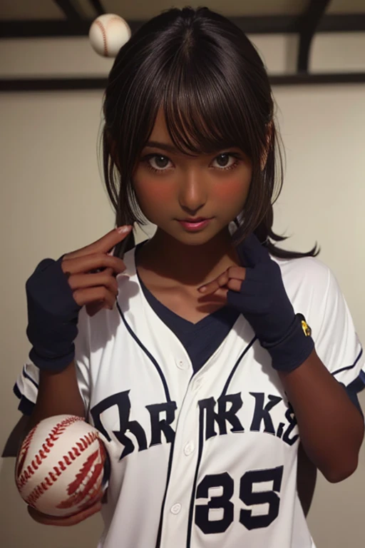 (((( one girl )))), Put your hand over your mouth、Beautiful breasts、 Brown eyes, ((Gal Hairstyles)) blonde, girl, (Eye and facial details:1.0), break, (masterpiece, Highest quality, Very detailed, Detailed face, 8k),( dark skin:2.2 ), (((( baseball uniform )))),( open mouth ),(((( thick lips ))))