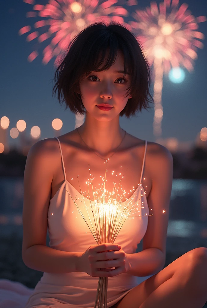 masutepiece, Best Quality, Raw photo、Ultra-realistic hair quality、Movie stills, 1girl in, front, Low-cut Sheer Dress, Big Tits, close-up, Bright, Happy, Warm soft light, (Fireworks: 0.3),japanes、20yr old