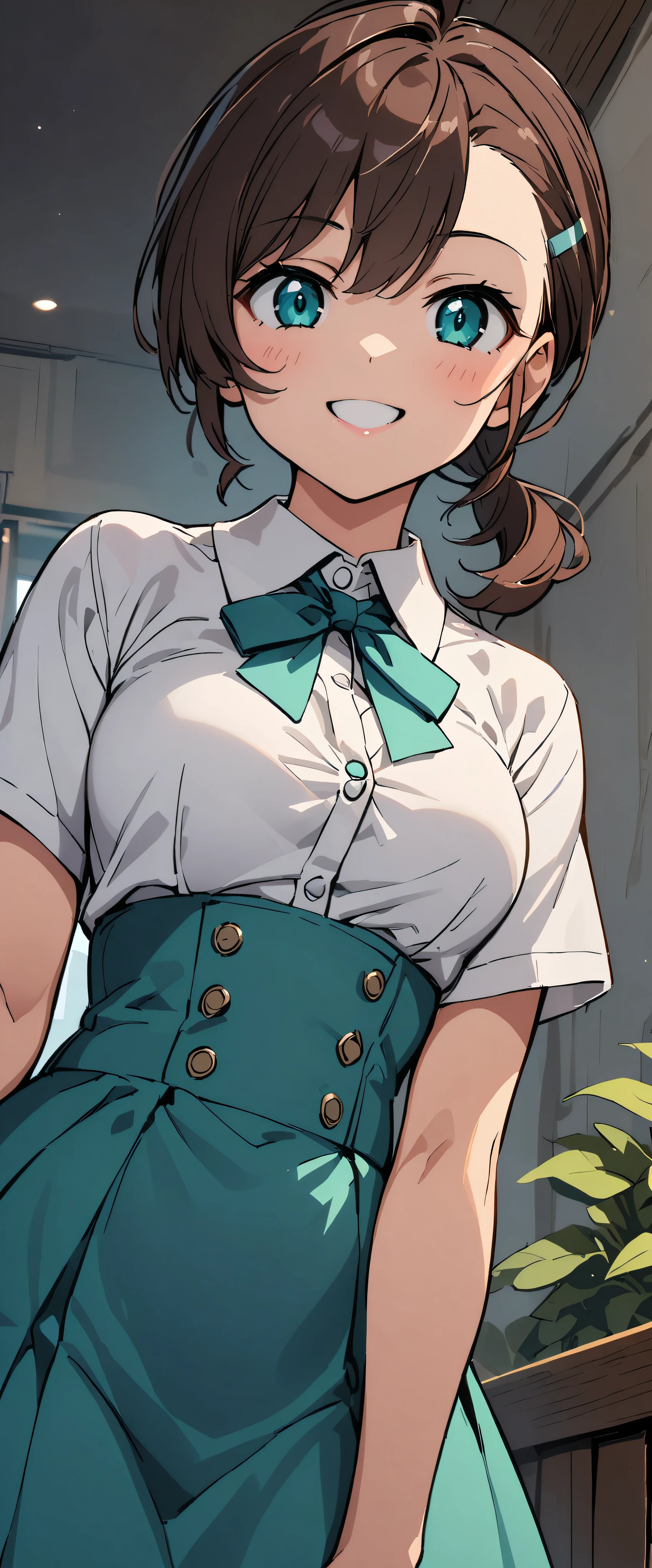 First Woman、、Brown Hair、Beautiful ponytail hairstyles、(Teal high waist skirt:1.3)、(White shirt:1.3)、(Double-breasted、Underbust:1.2)、Short sleeve、Button Gap、smile、