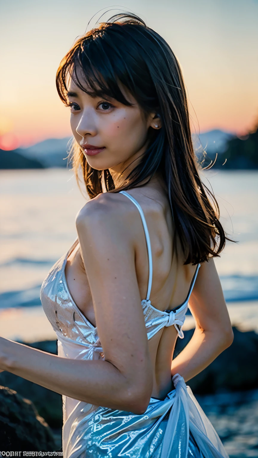 8k, masterpiece, RAW Photos, Highest quality, Realistic, Very detailed, Depth of written boundary, Cinematic Light, Anatomically correct body,
One beautiful 40 year old woman, Very beautiful face, Exquisitely detailed face, (A calm and gentle face:1.4), Very delicate skin texture, Transparent muscle, Shiny white skin, Glamorous Body,
(Wavy black long hair:1.2), Sexy Breasts, Sexy ass,
(Skimpy hentai swimsuit:1.4), (Detailed cloth texture:1.2), (Body chain accessory with detailed jewel studded embellishments:1.3), (Gorgeous necklace:1.1), (Gorgeous earrings:1.1),
(Dark starry background:1.4), (Milky Way:1.1), (milky way:1.1), (shooting star:1.1), (Dark coastline at night:1.4), (Pitch black sea surface:1.4),
(Standing on the beach:1.2),
(Low angle shot:1.8),