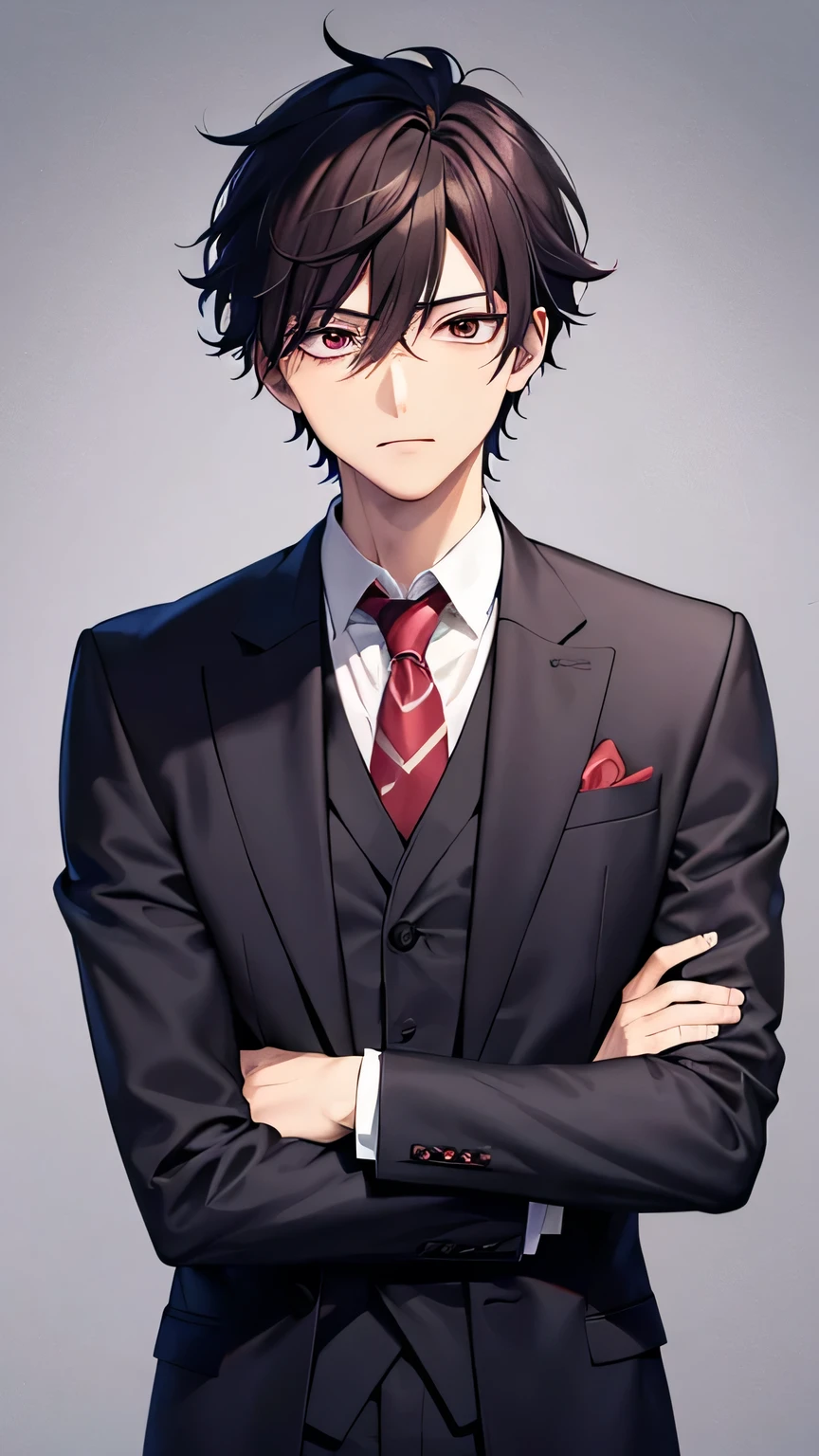 anime middle aged male in a dark red suit and tie, Sleepy look、Sleepy eyes、inspired by Okumura Togyu, Kentaro Miura manga art style, anime portrait of a handsome man, kentaro miura manga style, anime handsome man, kentaro miura art style, whole body、Character portrait、front