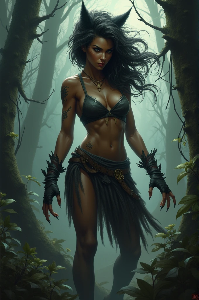 ((Quality: masterpiece, best quality, UHD, anatomically correct, photo realism, textured and detailed skin, skin pores, skin imperfections, textured and detailed hair, volumetric lighting, hyper realistic and detailed background)), whimsical and creative artist woman with a palette of vibrant colors, (((black elf, black woman, African elf, dark skin,))) woodland warrior elf, furrowed brow, spear weapon, tribal body paint, forest, plants and trees