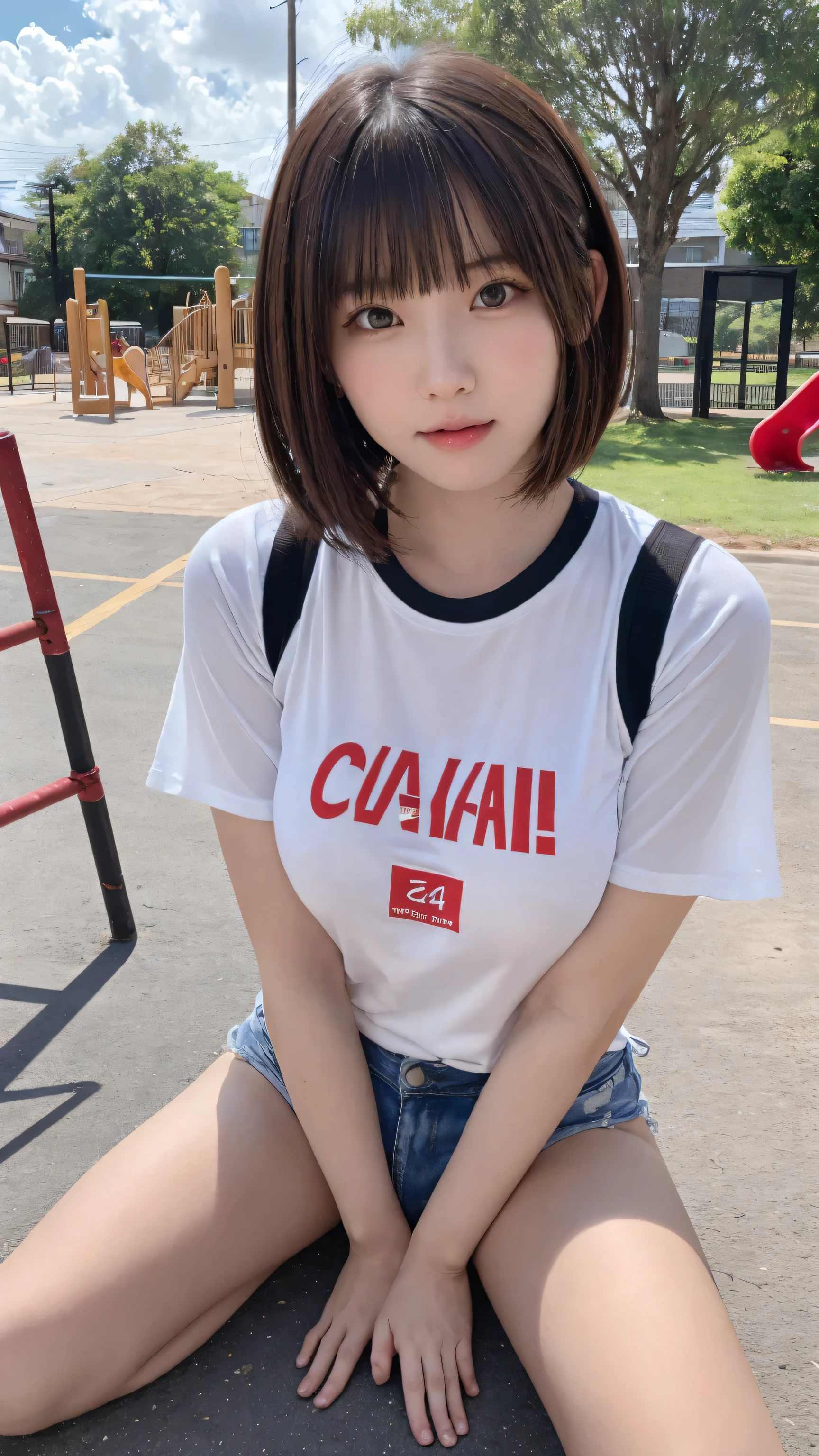 beautiful girl, (cut out, See-through clothes Bust:1.3, Transparent T-shirt:1.3, Low-rise hot pants:1.3), (16 years:1.3), break, (Park playground equipment background), break, Awkward laughter, Baby Face, Very beautiful eyes, (Symmetrical eyes:1.3), break, (D cup breasts:1.2), Brown eyes, Parted bangs, Brown bob cut hair:1.3, round face, cute, break, (Eye and facial details:1.0), Spread your legs:1.3, Shooting from below, Pussy Line, Camel Toe, Looking into the camera, masterpiece, Highest quality, RAW Photos, Realistic, cute人々, Detailed border, High resolution, Very detailedな, In detail, Very detailed, Very detailed, Sharp Eyes, Cinema Lighting, Full Body Shot