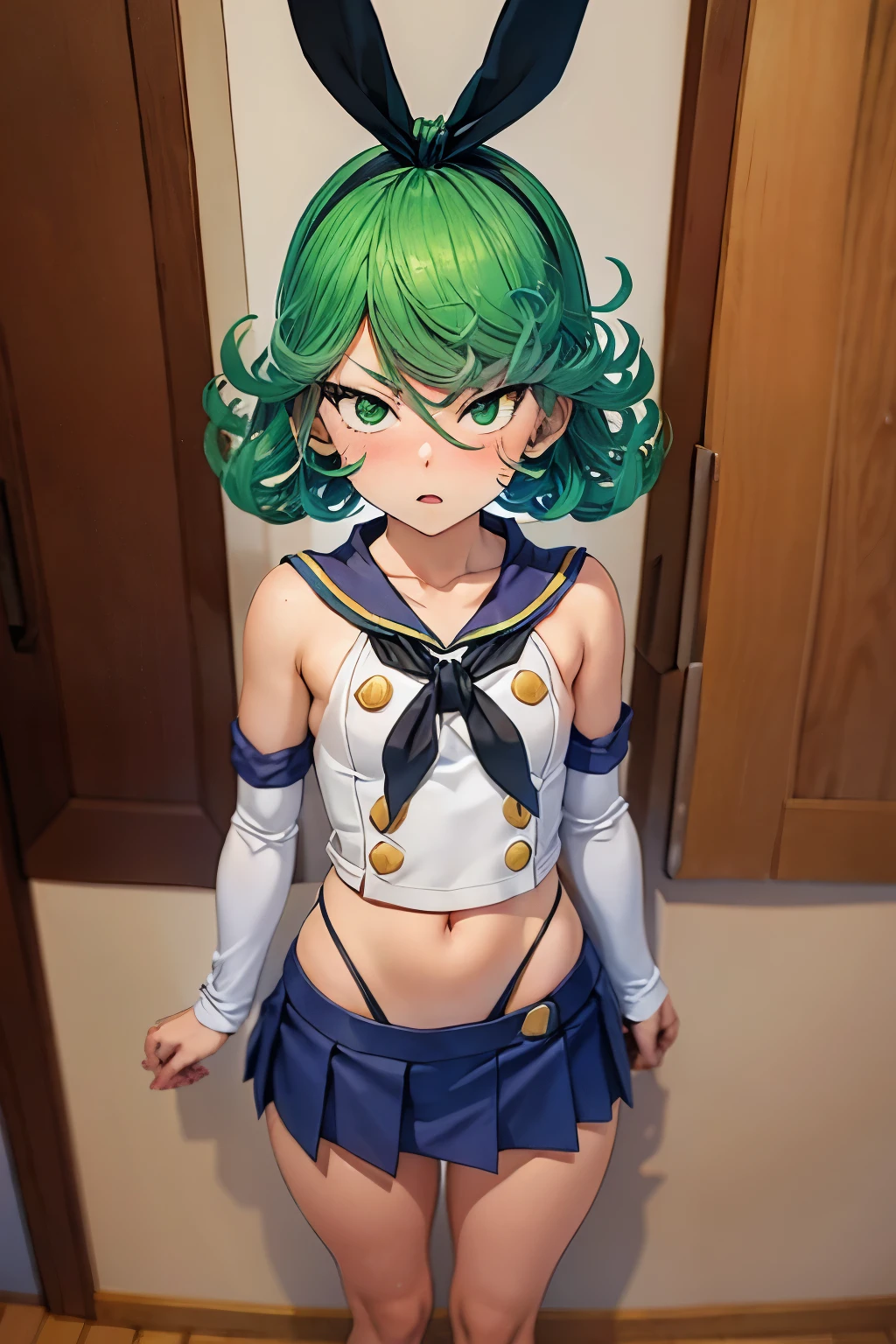 Anime style , Tatsumaki , green  hair  , angry  face.  Blush,  flat chest , Shimakaze Cosplay  mini-skirt  , standing 