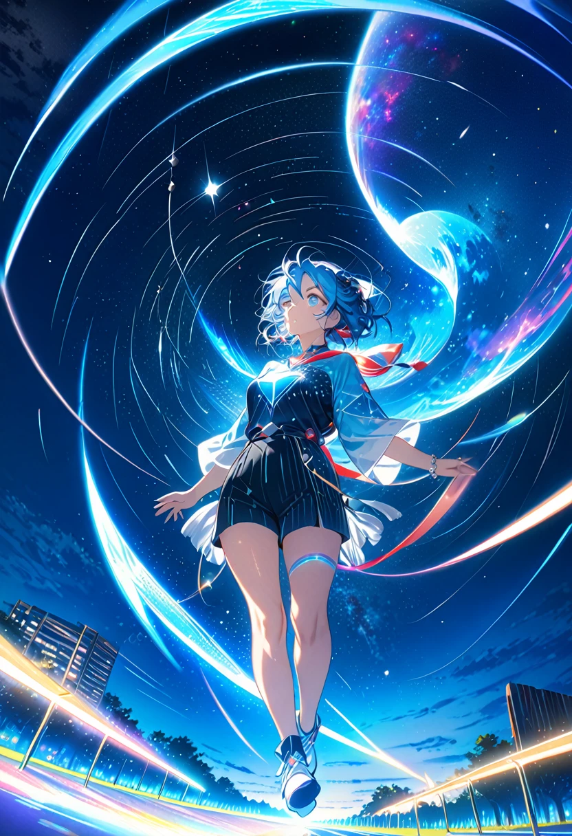 anime((Highest quality, High resolution, Very detailed))Beautiful adult woman、Woman looking up at the night sky、Blue Hair、Beautiful Blue Eyes、Star trajectory、Star Trail、meteor、星にWishを、Low - Angle、A fantastic and magnificent night sky、gem、shine、dream-like、Wish、wallpaper 8k