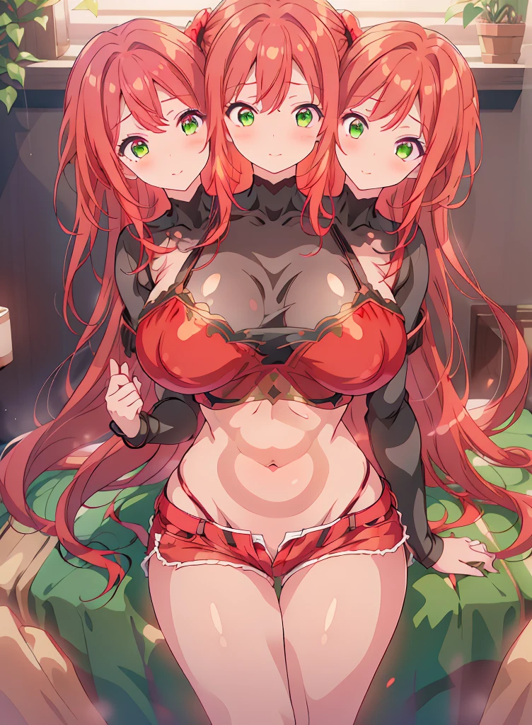 (masterpiece),best quality:1.5, ultra-detailed, high resolution, high quality, 16K, ((3heads:1.5)), ((red hair)),(1girl), conjoined twins, girl with two heads cleavage, ((red crop top)), shorts, (green eyes), long hair, sexy woman, gentle smile, seductive woman, sexy silhouette, blushing, open belly, open breasts, huge breasts,
