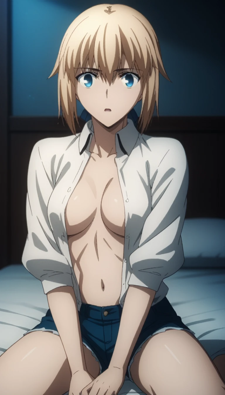 sauce_anime, ambient light,
fsn_ubw_style, Jean D. Arc,  1girl ,tall girl, straight hair ,,detailed headpiece ,short cut hair, blond hair, deep blue eyes, ( eyes wide open  ), (((surprised eyes)))  ,hair between eyes, perfect eyes , Perfect face, expressive eyes, close up face:0.2 ,  
nsfw, ((white open shirt)),,  ((white panties)), undress short pants, (slender body), slim body,
indoors, bed, realistic bed room, ( sitting ), ,
cowboy shot, looking at viewer, solo, dutch angle, blush, erectile nipples, ,medium breast, 