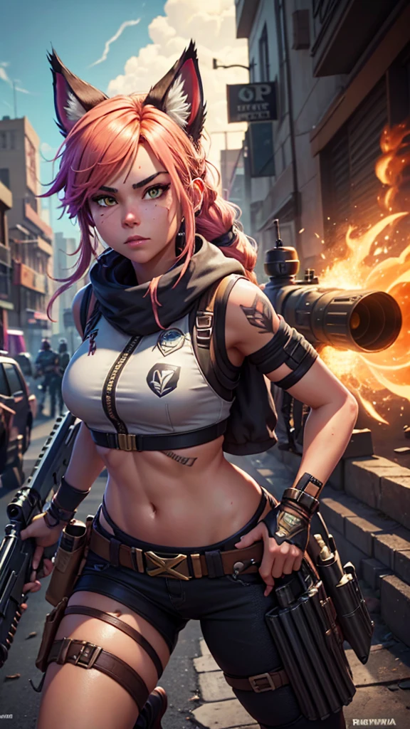 A beautiful athletic woman, doing a high side kick, kicking a thug, dynamic pose, character moving fast leaving of mouvement, blured background, post apocalyptic art, strong fit ripped body, mohawk with braids hairstyle, White and red hair color, trenchcoat and military boots, punk clothing style greyish color, hands wrapped in tape, big breasts, in desert, highly detailled, best quality, masterpiece, 8k