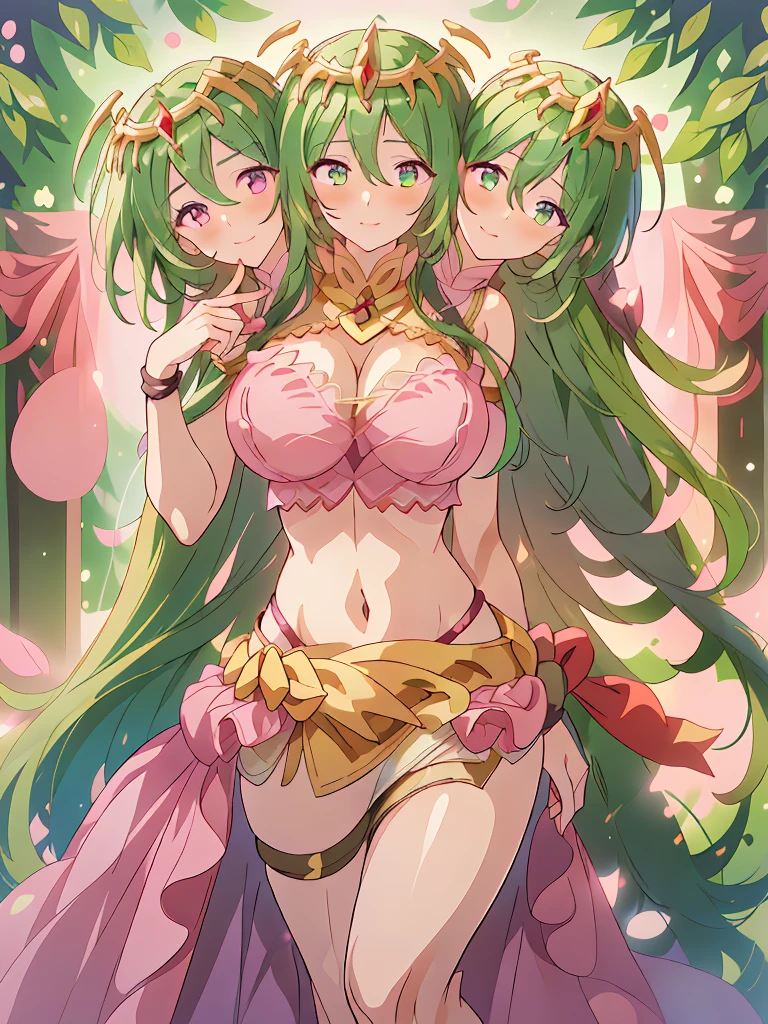 (masterpiece, best quality), best resolution, (3heads:1.5), 1girl, dark green hair, flowing hair, smiling, soft smile, open belly, pink crop top, pink miniskirt, open breasts, huge , sexy pose, beautiful eyes, golden eyes, alluring presence, beautiful eyes, detailed eyes, wearing a fancy tiara, headband
