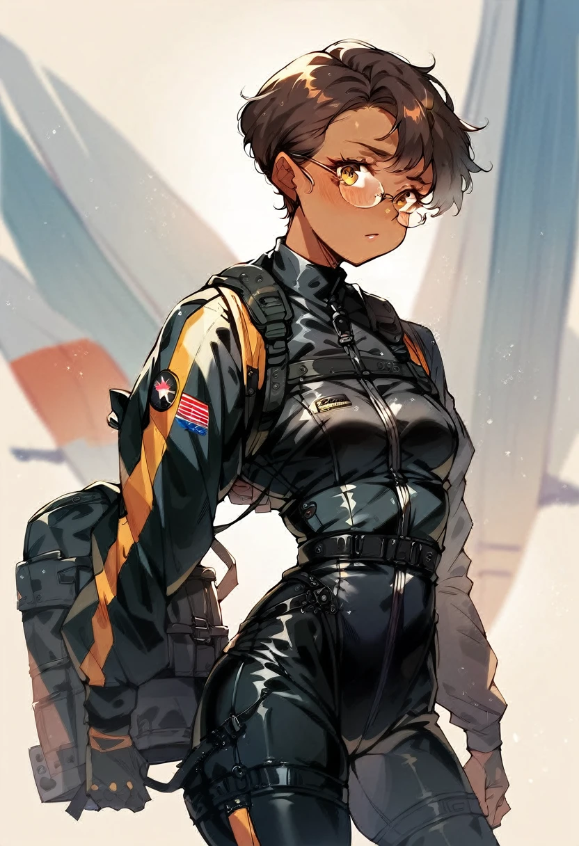 beautiful shy anime pilot woman, tanned skin, short brown hair, aviator glasses, yellow eyes, black tactical leather flightsuit, straps, waist up, small breasts, hangar background