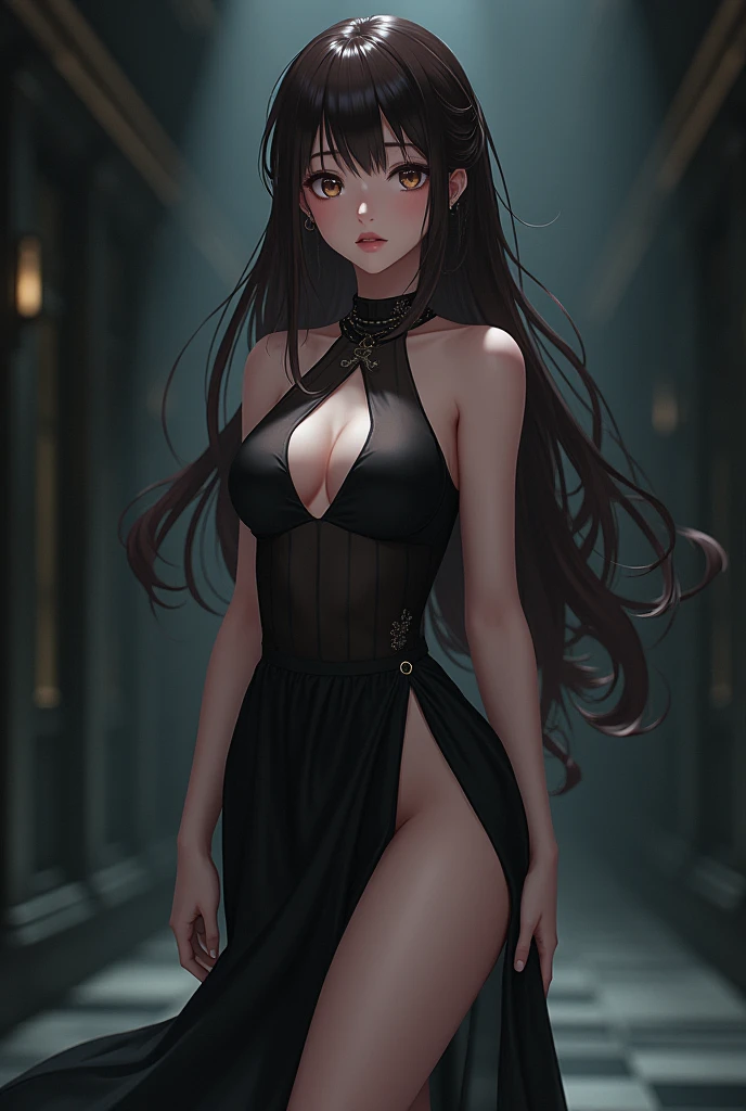 masterpiece, best quality, high-resolution, finely detailed, extremely detailed and beautiful, distinct image, 1 girl, solo, beautiful young teenage girl, 13 years old, tanned white skin, long loose and flowing silky negligee sleepwear, short shoulder length hair, sleek dark violet-black hair, Pixie cut hair, big round velvet colored eyes, fringe bangs over forehead, oval shaped face, sharp facial features, high-bridged nose, full cherry pink lips. medium height(172cm). D-cup breasts, small narrow waist. small delicate curvy hips, smooth silky thick thighs, large round ass, hourglass figure, slender and slim build with a toned and fit physique, 4 pack toned stomach, standing upright, full body picture, hip-level shot. classy and opulent bedroom setting
