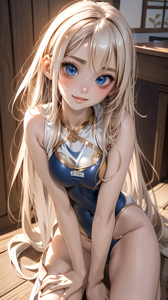 Highest quality。High resolution。Ultra-detailed。European woman in her late 20s。Anime style illustrations。Short and young々Newly introduced、Fair skin。Short and young々Newly introduced、Long, shiny golden white hair、Big Blue Eyes。Slender and slender figure。Modest chest元、A light-hearted smile、shy、(One piece swimsuit)、(On a beautiful lake、Beautiful sky)、(On all fours)、(Modest chest、Medium Hips)、sitting、From the back、