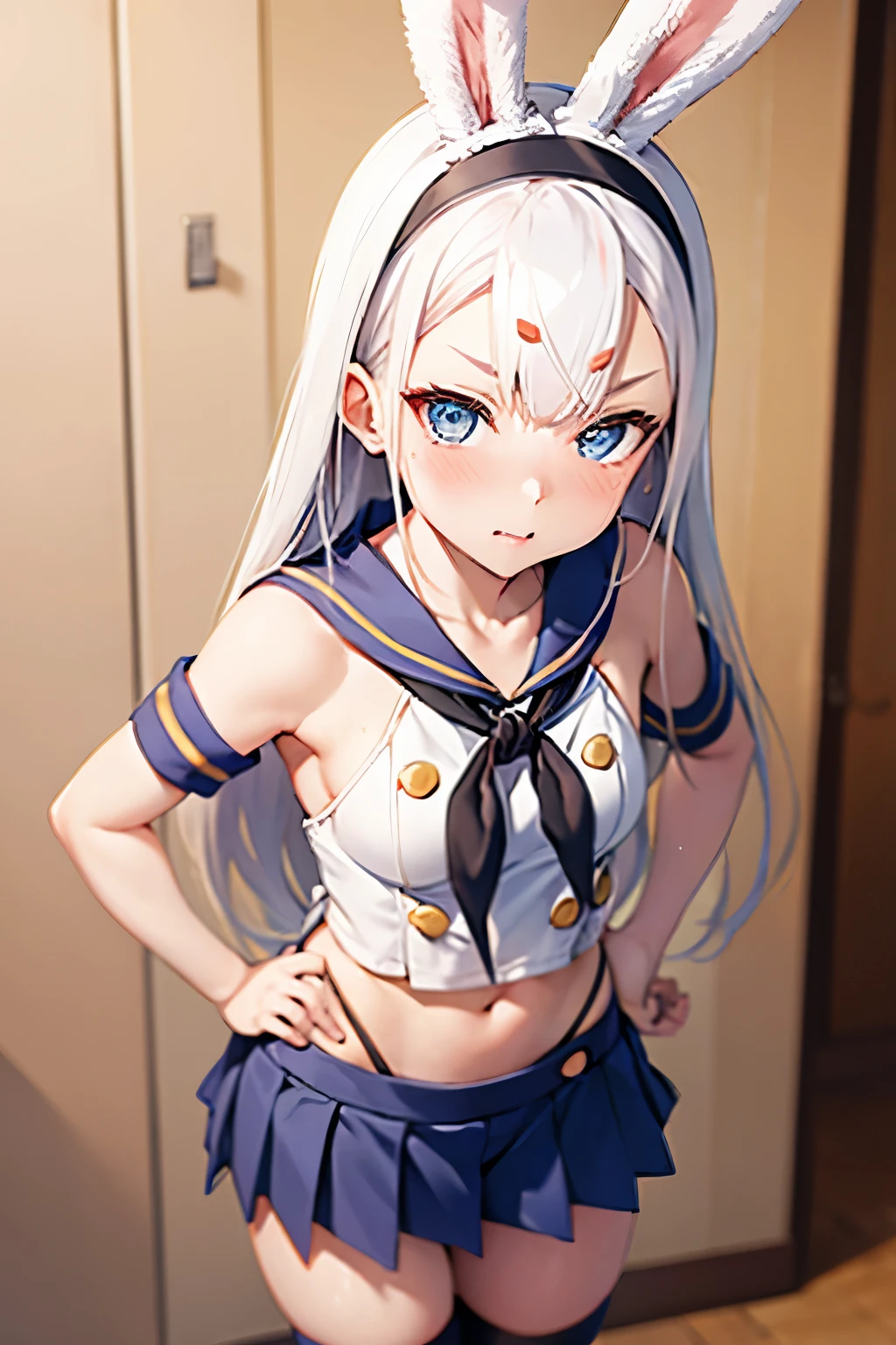 Anime style , shimakaze , white hair ,bunny ears  ,blue eyes , angry  face.  Blush , Shimakaze Cosplay  mini-skirt  , standing