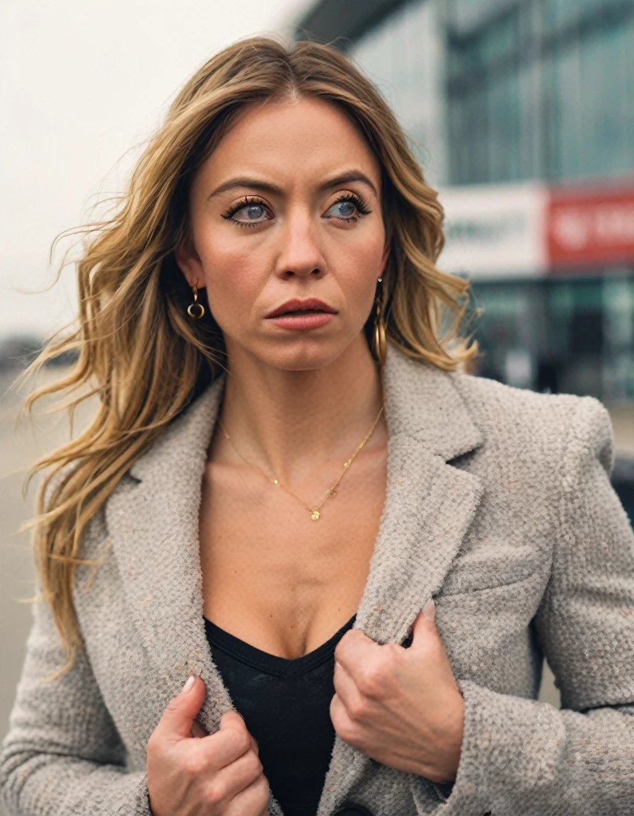 professional close-up portrait photography of the face of a beautiful ((ohwx bodybuilder woman)) at airport during Afternoon, Nikon Z9,Very Angry,