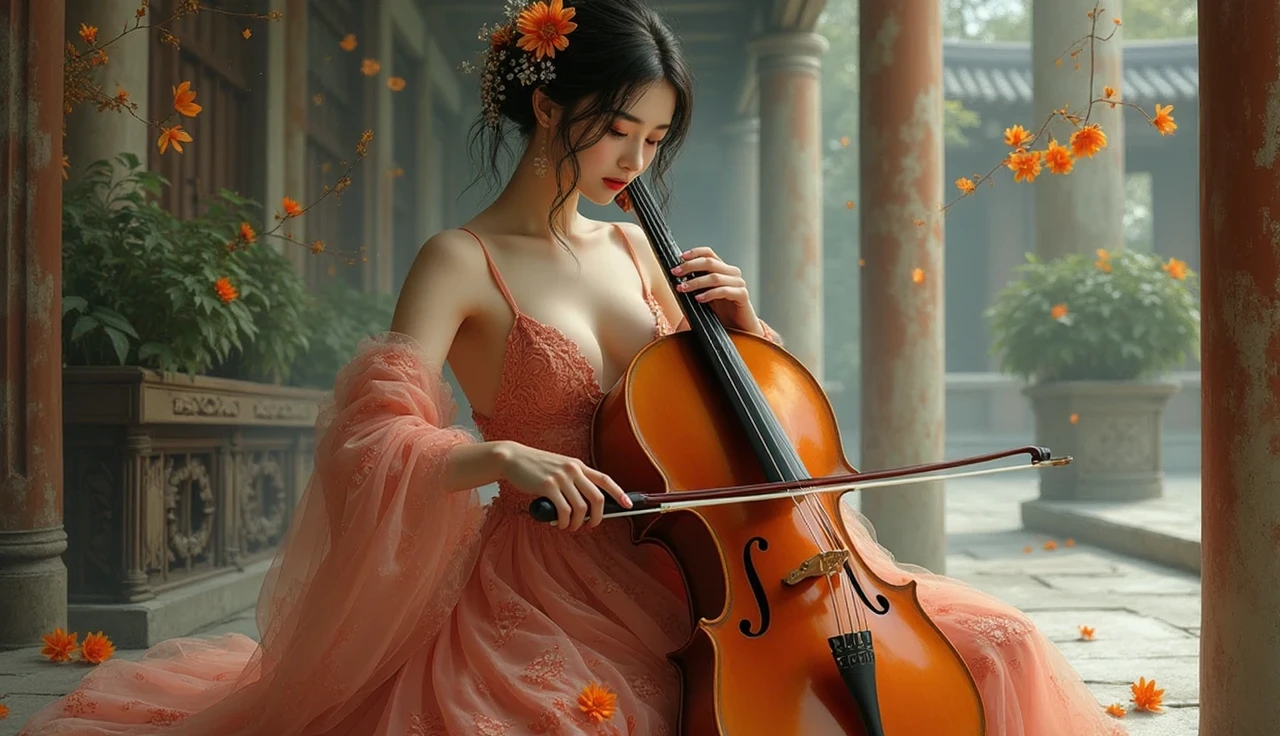 a close up of a woman holding a violin on a street, chinese style, Detail of a round, plump, solid chest, visible cleavage, full body xianxia, queen of the sea mu yanling, white hanfu, style of guo hua, traditional chinese, hanfu, yanjun chengt, xintong chen, inspired by Huang Ji, li zixin, inspired by Tang Yifen, inspired by Zhang Yin