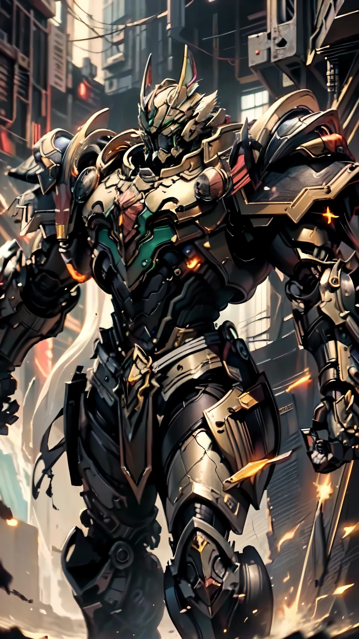 (masterpiece:1.5, best quality:1.5, extremely delicate:1.5), ((male:1.5)), a man wearing a full-face helmet, a biotech armored combat suit, green eyes, (a composite layered chest armor), fully enclosed shoulder guards, matching arm and leg guards, a belt of gemstone, (the color scheme is primarily black with green and red accents), the design balances heavy with agility, a high-tech bio-mecha armor, (Armor Concept Inspired by Space Marines, stand of a futuristic sci-fi city), this character embodies a finely crafted fantasy-style armored hero in anime style, exquisite and mature manga art style, (element, plasma, energy, the armor glows), metallic, high definition, highres, ultra-detailed, ultra-fine painting, professional, perfect body proportions, golden ratio, anatomically correct, symmetrical face, extremely detailed eyes and face, high quality eyes, creativity, RAW photo, UHD, 32k, Natural light, cinematic lighting, masterpiece-anatomy-perfect