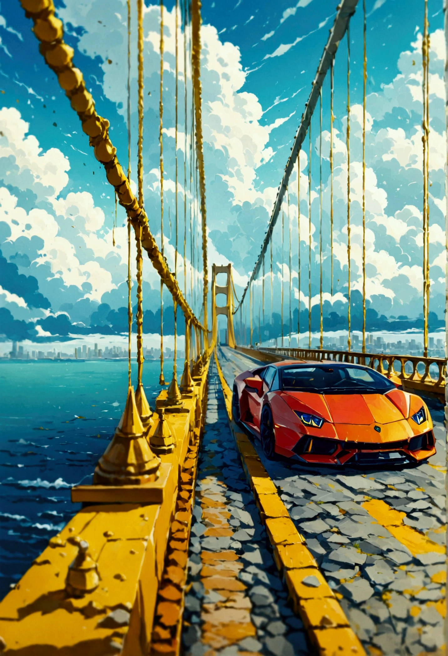 A car(Lamborghini sayan colour) drive on a long and big golden bridge, white clouds, city , bridge on the sea, wallpaper (high details, HD+4k quality, master peace, bright and saturated colour)