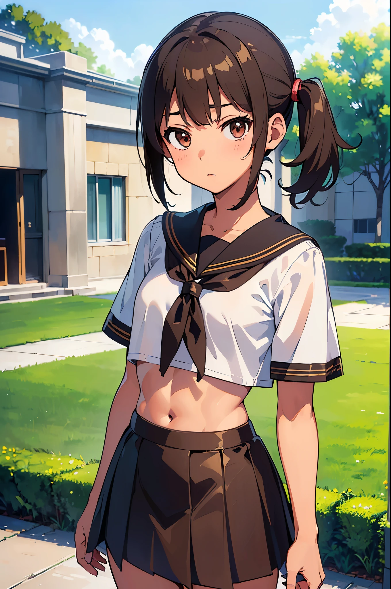 Black Skirt, Short sleeve, Black sailor collar, ((Highest quality, High resolution, Pixel perfect, 8k)), 1 girl, single, alone, Cute Woman、I could see the whole body、((Brown eyes, Beautiful eyelashes, current eyes)), ((Detailed face, blush:1.2)), ((Smooth texture:0.75)), ((Anime CG style)), Mid-chest, ((Dynamic Angle:1.3)), Perfect body, In the summer park, Back view, turn around, ((Showing panties:0.9)), Skirt Lift