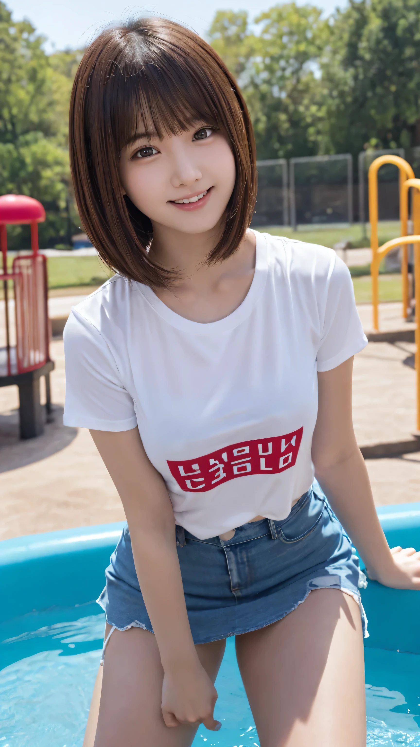 beautiful girl, (cut out, See-through clothes Bust:1.3, Transparent T-shirt:1.3, A very short micro mini skirt:1.3), (16 years:1.3), break, (Park playground equipment background), break, Shy laugh, Baby Face, Very beautiful eyes, (Symmetrical eyes:1.3), break, (D cup breasts:1.2), Brown eyes, Parted bangs, Brown bob cut hair:1.3, round face, cute, break, (Eye and facial details:1.0), Spread your legs:1.3, Low angle shooting, Pussy Line, Camel Toe, Looking into the camera, masterpiece, Highest quality, RAW Photos, Realistic, cute人々, Detailed border, High resolution, Very detailedな, In detail, Very detailed, Very detailed, Sharp Eyes, Cinema Lighting, Full Body Shot