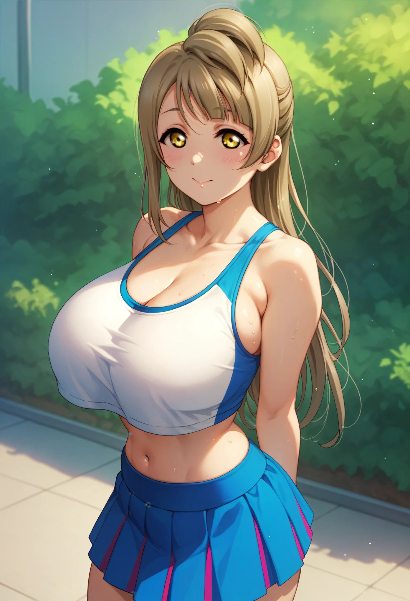 minami kotori love live,nsfw, yellow eyes,long hair, huge breasts , standing, skirt up, crop top, sports clothes, skimpy , arms behind back 