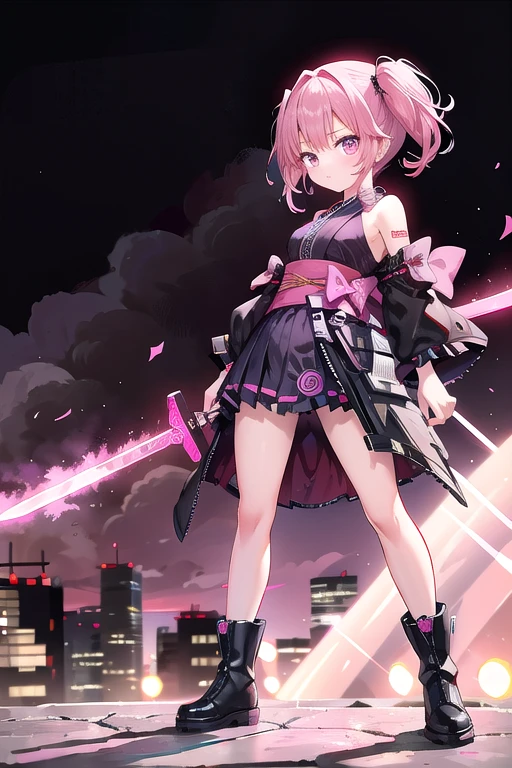 A petite girl with a Western look and beautiful features.　Serious expression　Pink hair in twin tails　He stands with his legs apart, holding a pink shining sword.　Black yukata with black frills　Dark brown boots　The background is a cyberpunk cityscape