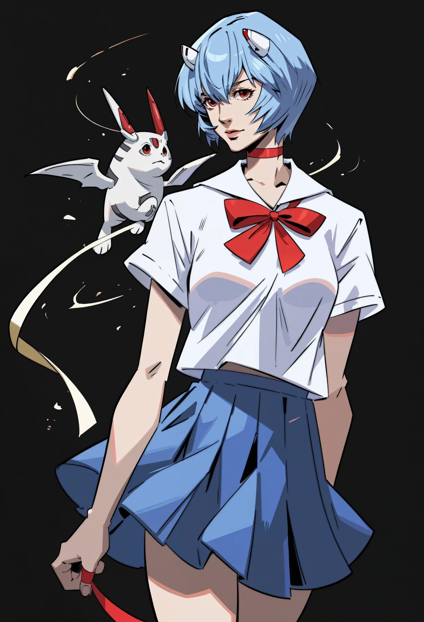 black background, simple background, masterpiece, best quality, score_9, score_8_up, score_7_up, score_6_up, hds style, cel shading, linear hatching, 1girl, EVA_Rei, rei ayanami, ayanami rei, blue hair, short hair, red eyes, skirt, shirt, ribbon, school uniform, white shirt, short sleeves, red ribbon, neck ribbon, tokyo-3 middle school uniform,