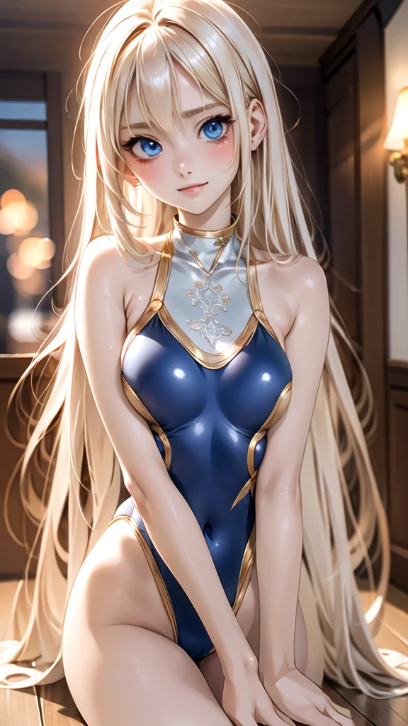 Highest quality。High resolution。Ultra-detailed。European woman in her late 20s。Anime style illustrations。Short and girlish in appearance、Fair skin。Short and young、Long, shiny golden white hair、Big Blue Eyes。Slender and slender figure。Modest chest元、A light-hearted smile、shy、(One piece swimsuit)、(On a beautiful lake、Beautiful sky)、(On all fours)、(Modest chest、Medium Hips)、sitting、From the back、