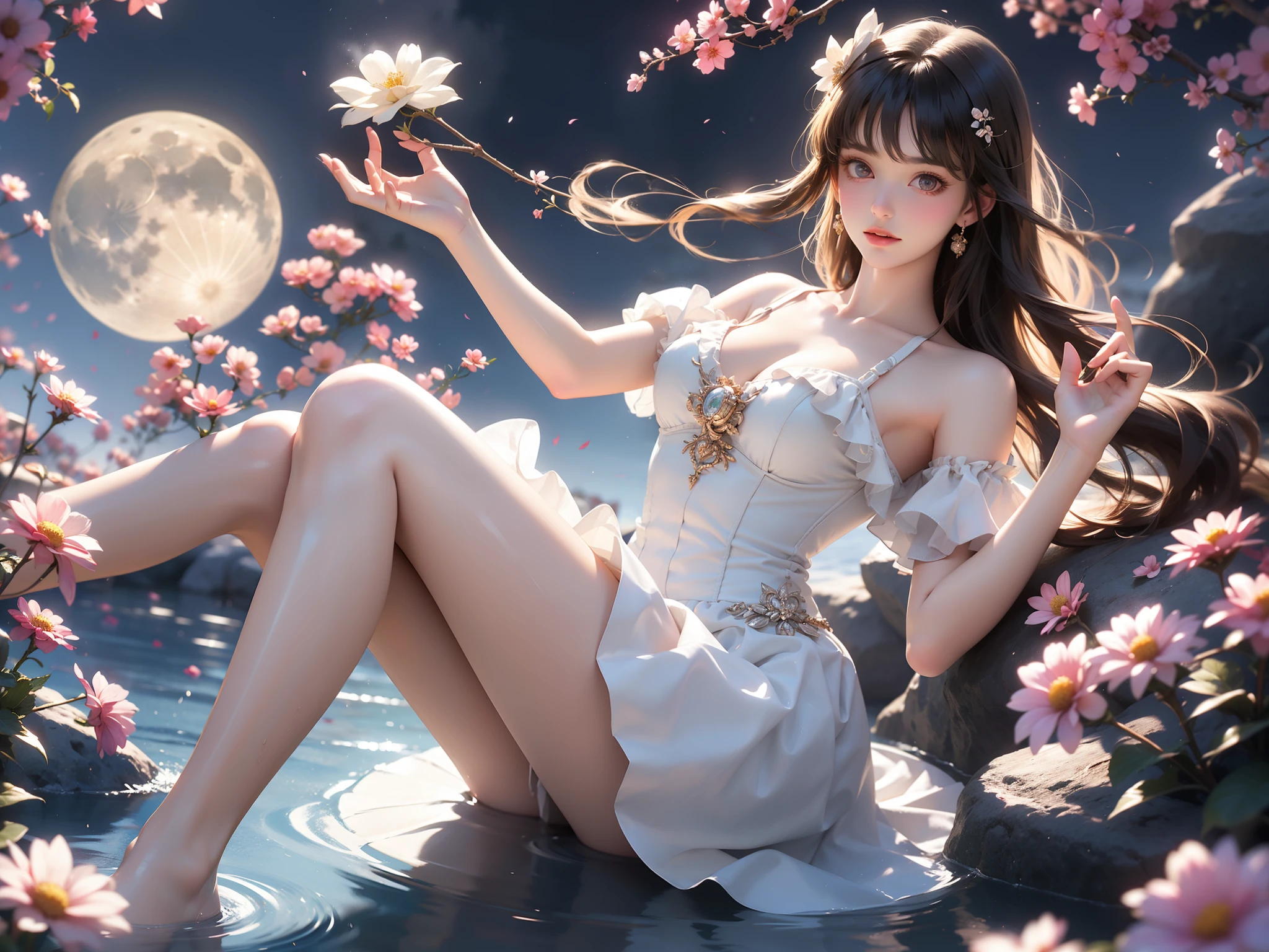 flower_dress (High quality details), 1 Girl, solo, Young women, Elegant Posture, ((night, moonlight)), (Female figure，Lying in the water naturally，River Water，rock, Relaxed expression), (Focus on natural body posture and correct anatomy:1.3), (Perfect leg proportions:1.3)，(True and accurate leg shape:1.2), ((Natural leg position)), The skirt is very short, One hand stroked the hem of the skirt, Lift the hem of your skirt, Bare shoulders, Natural posture, Soft expression, Exquisite makeup, Soft blush, Bright Eyes, Soft lips, Flower fairy style, ((Anatomically accurate)), (Real natural legs), Smooth skin, Soft lighting, high resolution, 8K Ultra HD, Clear focus, Professional photography effects, Random elegant scenes, Multi-angle shooting