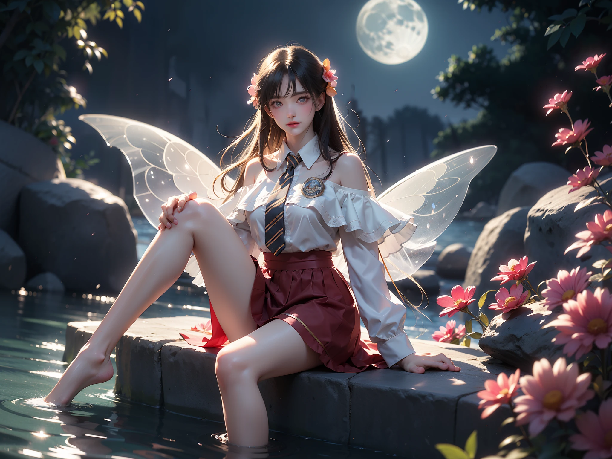 cyb dress, collared shirt, long sleeves, necktie, capelet, frills, badge, long dress (High quality details), 1 Girl, solo, Young women, Elegant Posture, ((night, moonlight)), (Female figure，Lying in the water naturally，River Water，rock, Relaxed expression), (Focus on natural body posture and correct anatomy:1.3), (Perfect leg proportions:1.3)，(True and accurate leg shape:1.2), ((Natural leg position)), The skirt is very short, One hand stroked the hem of the skirt, Lift the hem of your skirt, Bare shoulders, Natural posture, Soft expression, Exquisite makeup, Soft blush, Bright Eyes, Soft lips, Flower fairy style, ((Anatomically accurate)), (Real natural legs), Smooth skin, Soft lighting, high resolution, 8K Ultra HD, Clear focus, Professional photography effects, Random elegant scenes, Multi-angle shooting