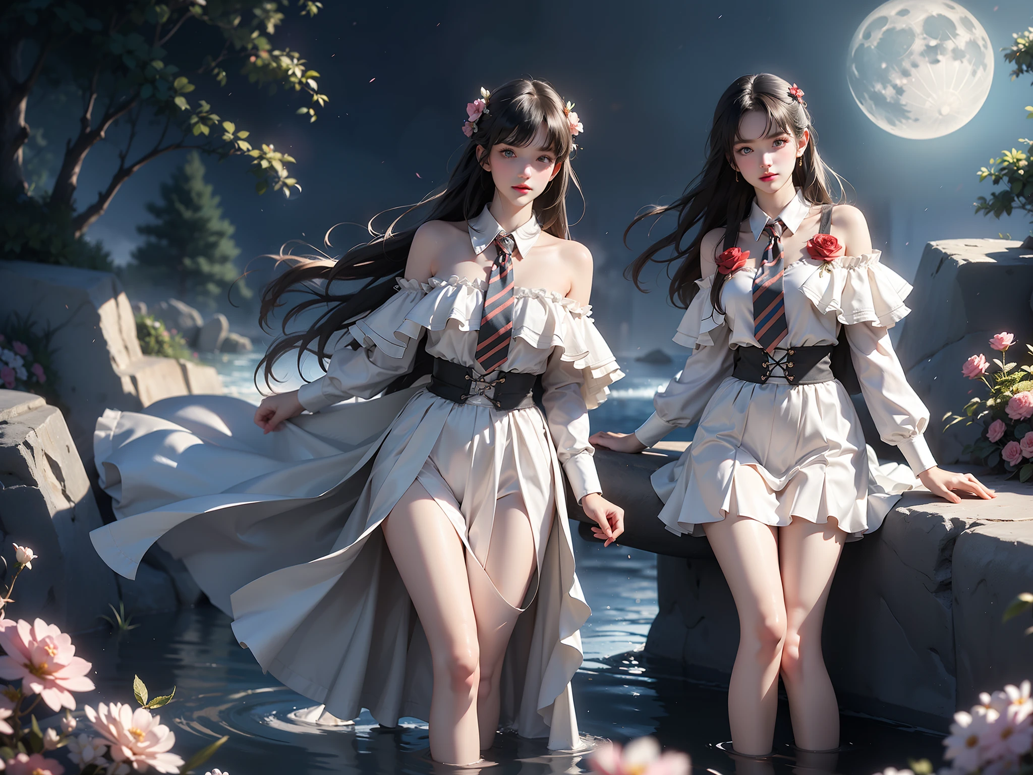 cyb dress, collared shirt, long sleeves, necktie, capelet, frills, badge, long dress (High quality details), 1 Girl, solo, Young women, Elegant Posture, ((night, moonlight)), (Female figure,Lying in the water naturally,River Water,rock, Relaxed expression), (Focus on natural body posture and correct anatomy:1.3), (Perfect leg proportions:1.3),(True and accurate leg shape:1.2), ((Natural leg position)), The skirt is very short, One hand stroked the hem of the skirt, Lift the hem of your skirt, Bare shoulders, Natural posture, Soft expression, Exquisite makeup, Soft blush, Bright Eyes, Soft lips, Flower fairy style, ((Anatomically accurate)), (Real natural legs), Smooth skin, Soft lighting, high resolution, 8K Ultra HD, Clear focus, Professional photography effects, Random elegant scenes, Multi-angle shooting