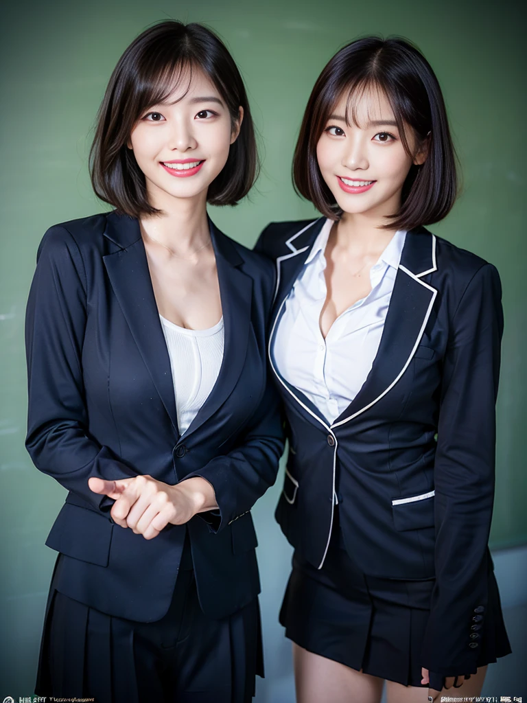 (A super cute Korean female college teacher stands in front of the blackboard:1.3)(grin,Spreading smiles)(Beautiful Sweat:1.3)(16K, RAW Photos, Highest quality, masterpiece: 1.2),(Glossy bob cut) Super detailed, Super Resolution, (Genuine, Genuine photos: 1.37), Portraiture, High-resolution RAW color photos, Professional photos, Very detailed, 16K 壁紙,Very detailed beautiful girls, Very detailed faces, ((whole body)), beautiful woman, Huge breasts,(huge boobs:1.1) (Big Boobs:1.1), Beautiful female teacher (White short-sleeved business shirt),high school girl, Korean,(K-POP Female Idols), (Idol-level beauty)(Beautiful female teacher:1.1)(classroom)(2)(Female Teacher Cosplay)(Wear a tight-fitting navy short-sleeved suit)from side