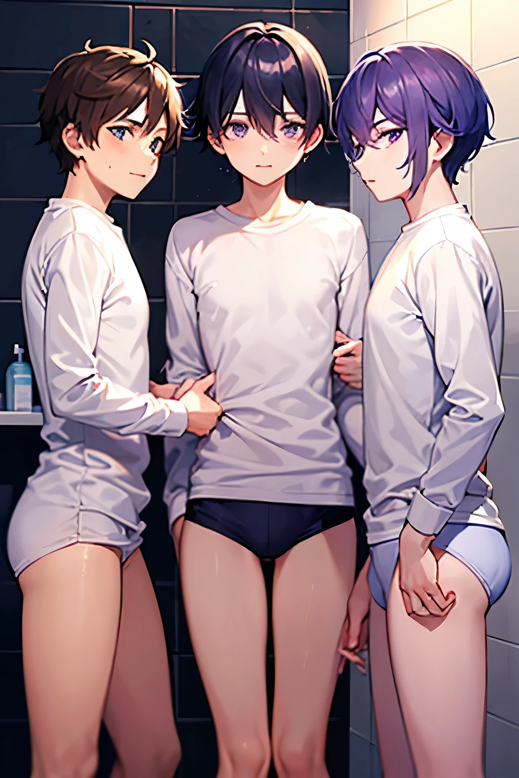 Masterpiece, High quality, absurd resolution, perfect anatomy, panorama, sfw, lights in the room are on, better lighting, no darkness, 3boys, children, young boys, naked, topless, (light blue hair boy, light blue eyes) (blonde hair boy, orange eyes) (brown hair boy, brown eyes) pale skin boys, Portrait, male focus, short hair, cute boys, all boys , aged down, shota, slender, no muscles, yaoi, nervous, worried, embarrassed, sweating, nervous sweating, blushing, provocative expression, interior, school, classroom, boys lifting person, boys lifting boy, boy's crotch up against boy's butt, suggestive position, legs apart, both legs lifted, boys holding legs, nipples visible, all boys have (translucent underwear, completely translucent, see through underwear, transparent underwear, penis can be seen through the underwear, light colored underwear, longer length boxer briefs, thin boxer briefs, tight boxer briefs, skin tight boxer briefs, light colorful boxer briefs, very colorful boxer briefs) noticeable outline in boxer briefs, outline shape of penis, butthole visible, tiny bulge in boxer briefs, flaccid, flaccid bulge, showing butt, butt cheeks spread, cute butt, tight butt, small butt, shotacon