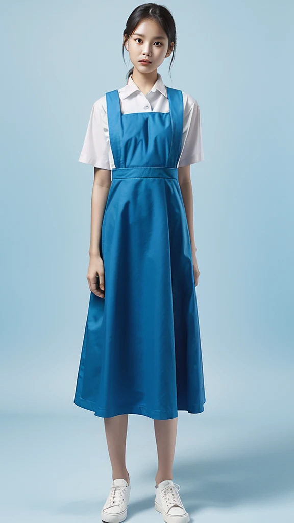 1girl with cute face and black hair, model posing, standing, wearing white shirt, pinafore length over knee, (light blue uniform:1.2), wearing black shoes, white background, morning, full body, (masterpiece, top quality, best quality, official art, beautiful and aesthetic:1.2)