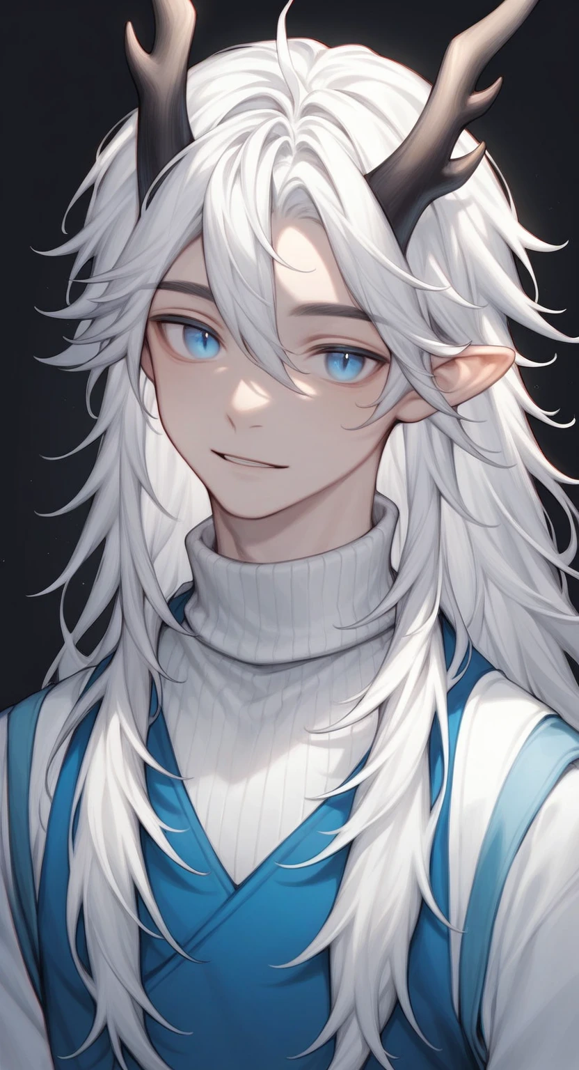 image of a man, 1 Boy, Dragon, Dragon Horn, Male focus, alone, (monster boy), sharp eyes, Light blue eyes, (crane plum:1.0), (direction:1.0), Cold expression, Shut up, Raise eyebrows, Gentle look, handsome face, young, (long hair, white hair, blue gradient), fair skin, (wear clothes, white turtleneck), soft light, Clarity, saturated color, masterpiece, best quality, High resolution, Super detailed, black background,