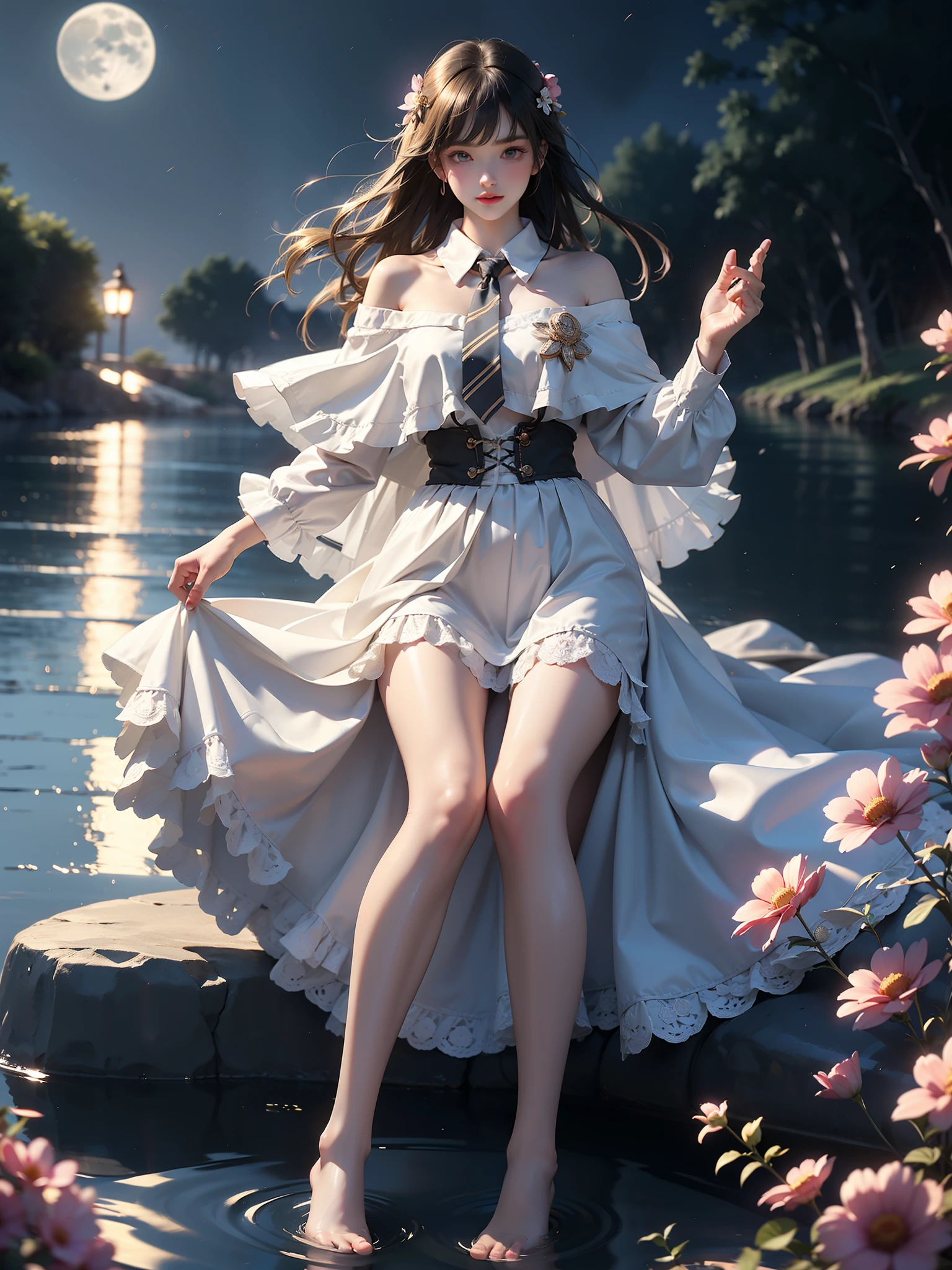 cyb dress, collared shirt, long sleeves, necktie, capelet, frills, badge, long dress (High quality details), 1 Girl, solo, Young women, Elegant Posture, ((night, moonlight)), (Female figure，Lying in the water naturally，River Water，rock, Relaxed expression), (Focus on natural body posture and correct anatomy:1.3), (Perfect leg proportions:1.3)，(True and accurate leg shape:1.2), ((Natural leg position)), The skirt is very short, One hand stroked the hem of the skirt, Lift the hem of your skirt, Bare shoulders, Natural posture, Soft expression, Exquisite makeup, Soft blush, Bright Eyes, Soft lips, Flower fairy style, ((Anatomically accurate)), (Real natural legs), Smooth skin, Soft lighting, high resolution, 8K Ultra HD, Clear focus, Professional photography effects, Random elegant scenes, Multi-angle shooting