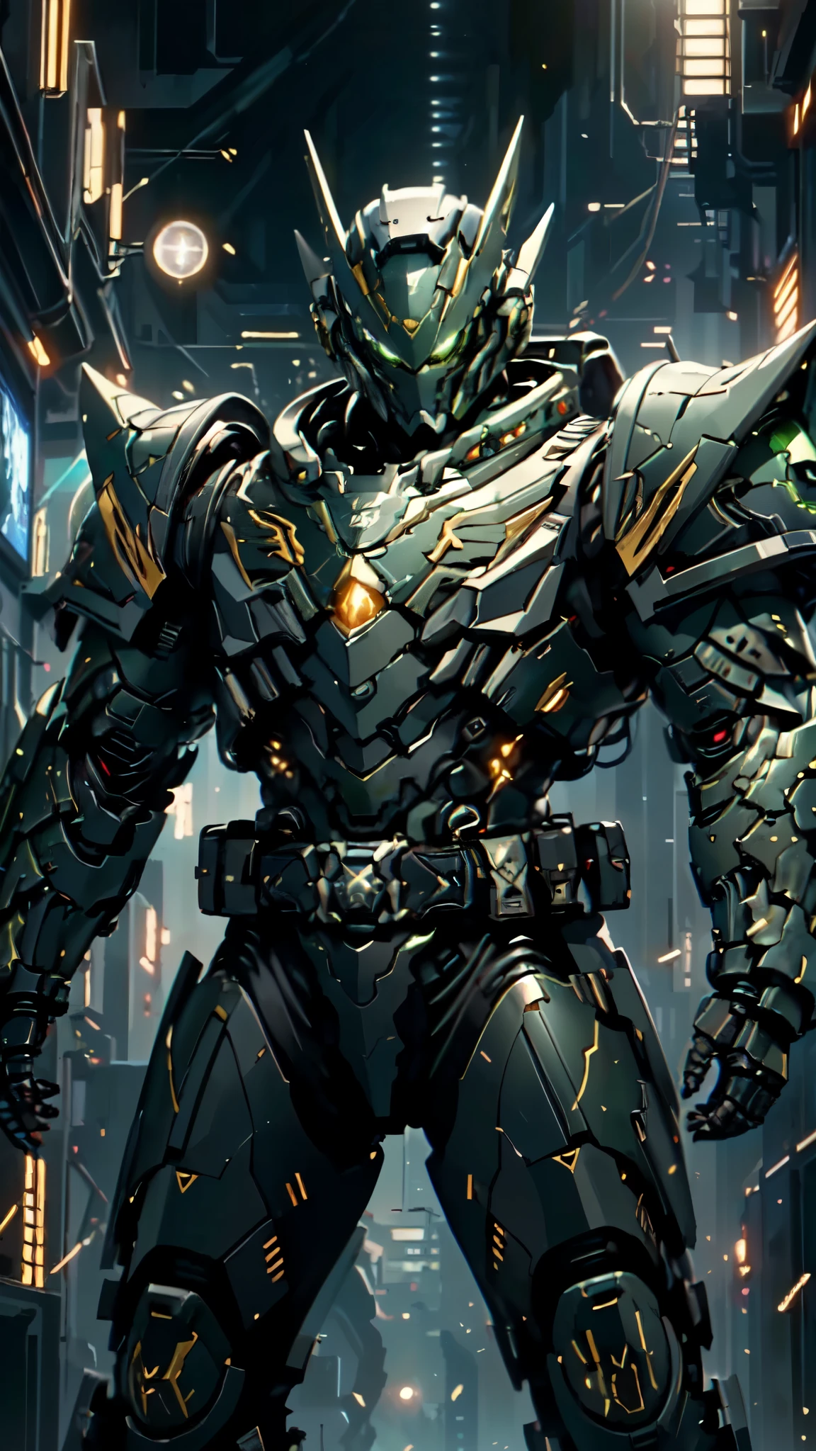 (masterpiece:1.5, best quality:1.5, extremely delicate:1.5), ((male:1.5)), a man wearing a full-face helmet, a biotech armored combat suit, green eyes, (a composite layered chest armor), fully enclosed shoulder guards, matching arm and leg guards, a belt of gemstone, (the color scheme is primarily black with green and red accents), the design balances heavy with agility, a high-tech bio-mecha armor, (Armor Concept Inspired by Space Marines, stand of a futuristic sci-fi city), this character embodies a finely crafted fantasy-style armored hero in anime style, exquisite and mature manga art style, (element, plasma, energy, the armor glows), metallic, high definition, highres, ultra-detailed, ultra-fine painting, professional, perfect body proportions, golden ratio, anatomically correct, symmetrical face, extremely detailed eyes and face, high quality eyes, creativity, RAW photo, UHD, 32k, Natural light, cinematic lighting, masterpiece-anatomy-perfect