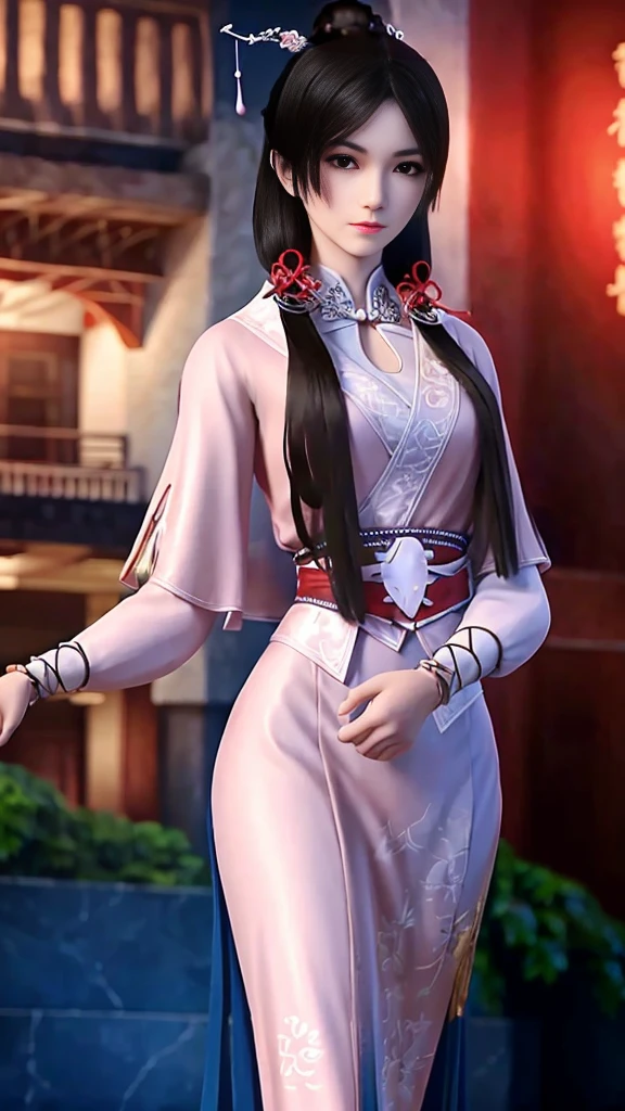 masterpiece,best quality,1girl, black_hair, breasts, china_dress, chinese_clothes, dress, hair_ornament,cowboy shot,dynamic pose, dynamic angle,  